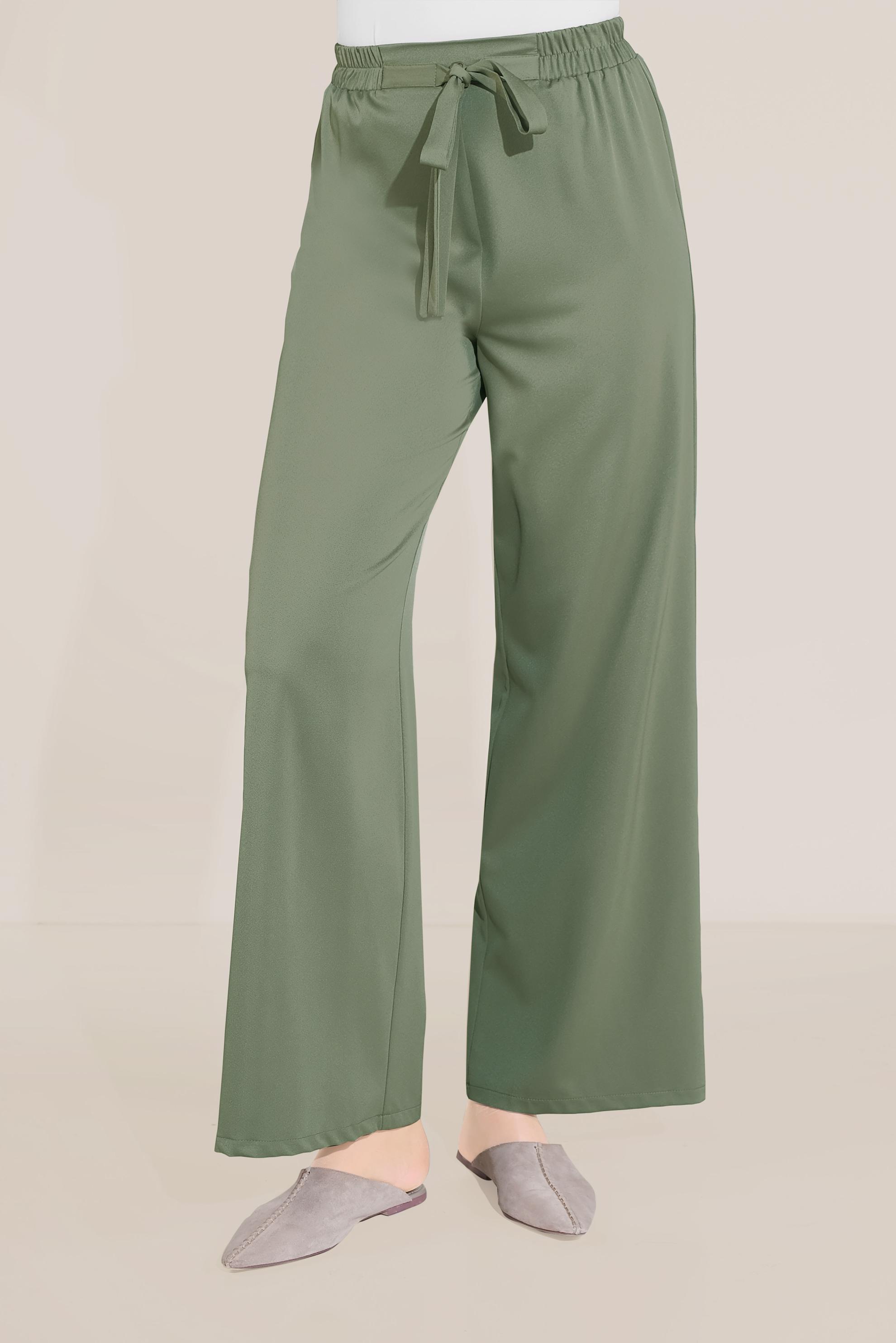 Tesettür giyim HAKİ BELİ KUŞAKLI BOL PAÇA KLASİK PANTOLON 70078 