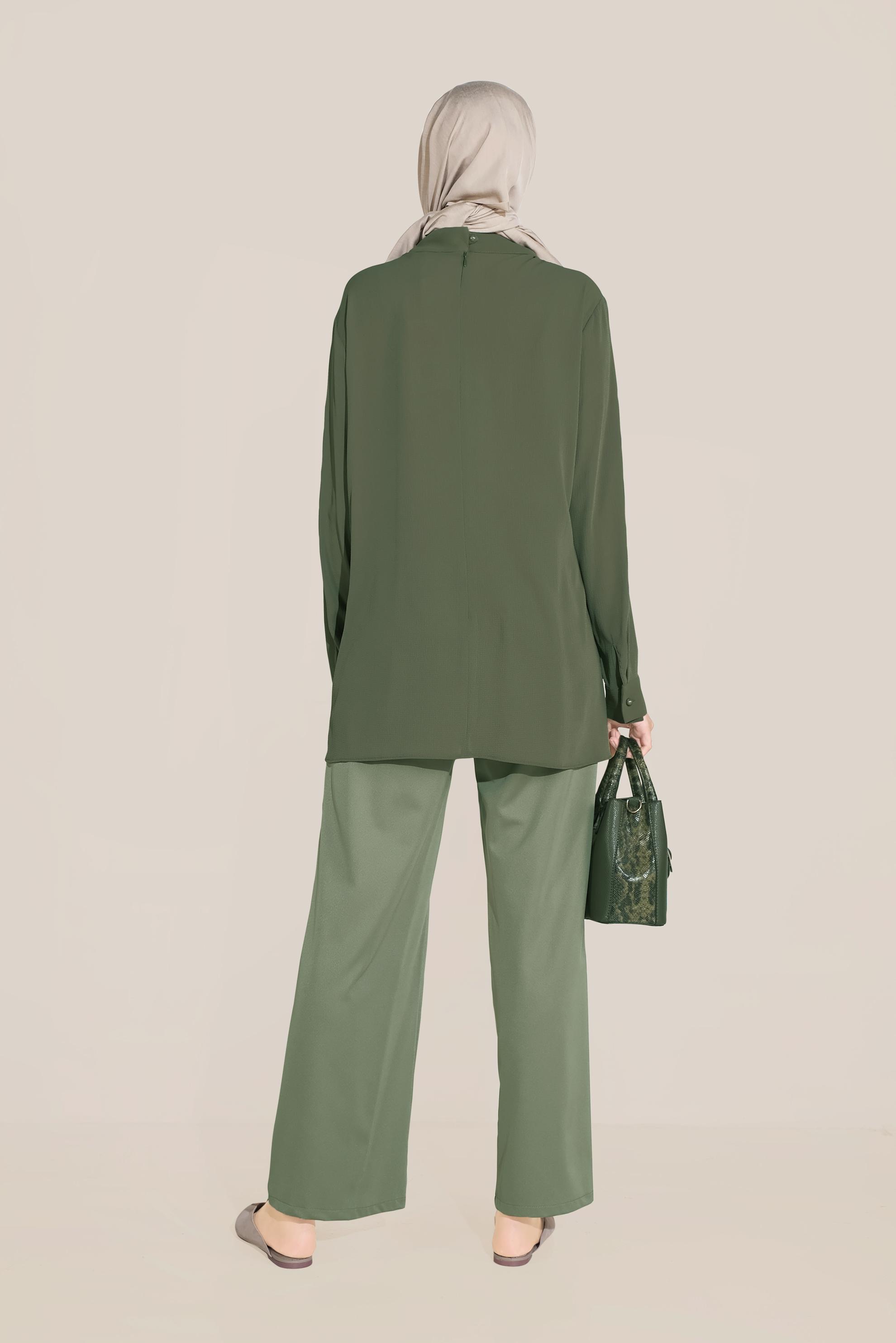 Tesettür giyim HAKİ BELİ KUŞAKLI BOL PAÇA KLASİK PANTOLON 70078 