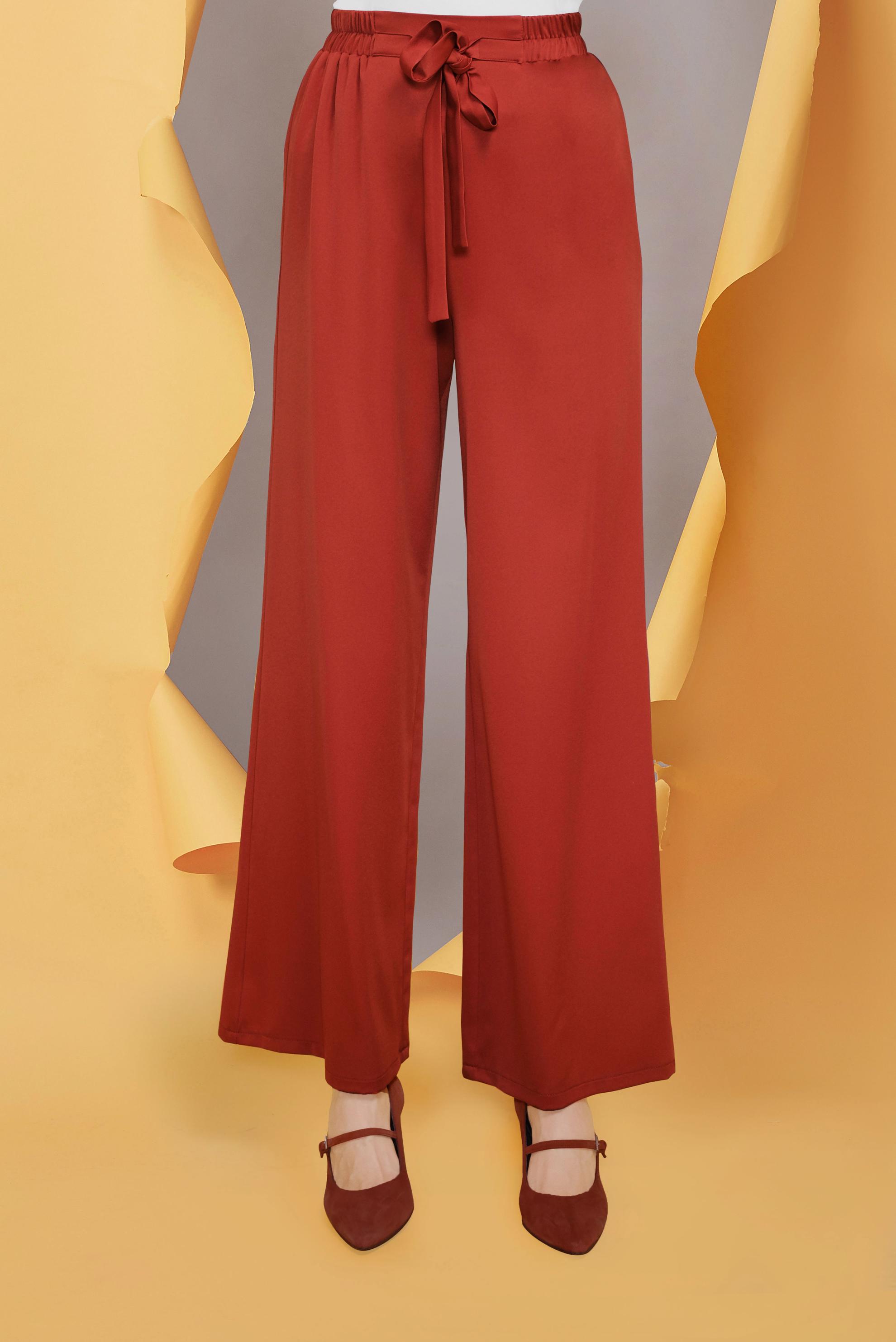 Tesettür giyim TURUNCU BELİ KUŞAKLI BOL PAÇA KLASİK PANTOLON 70078 