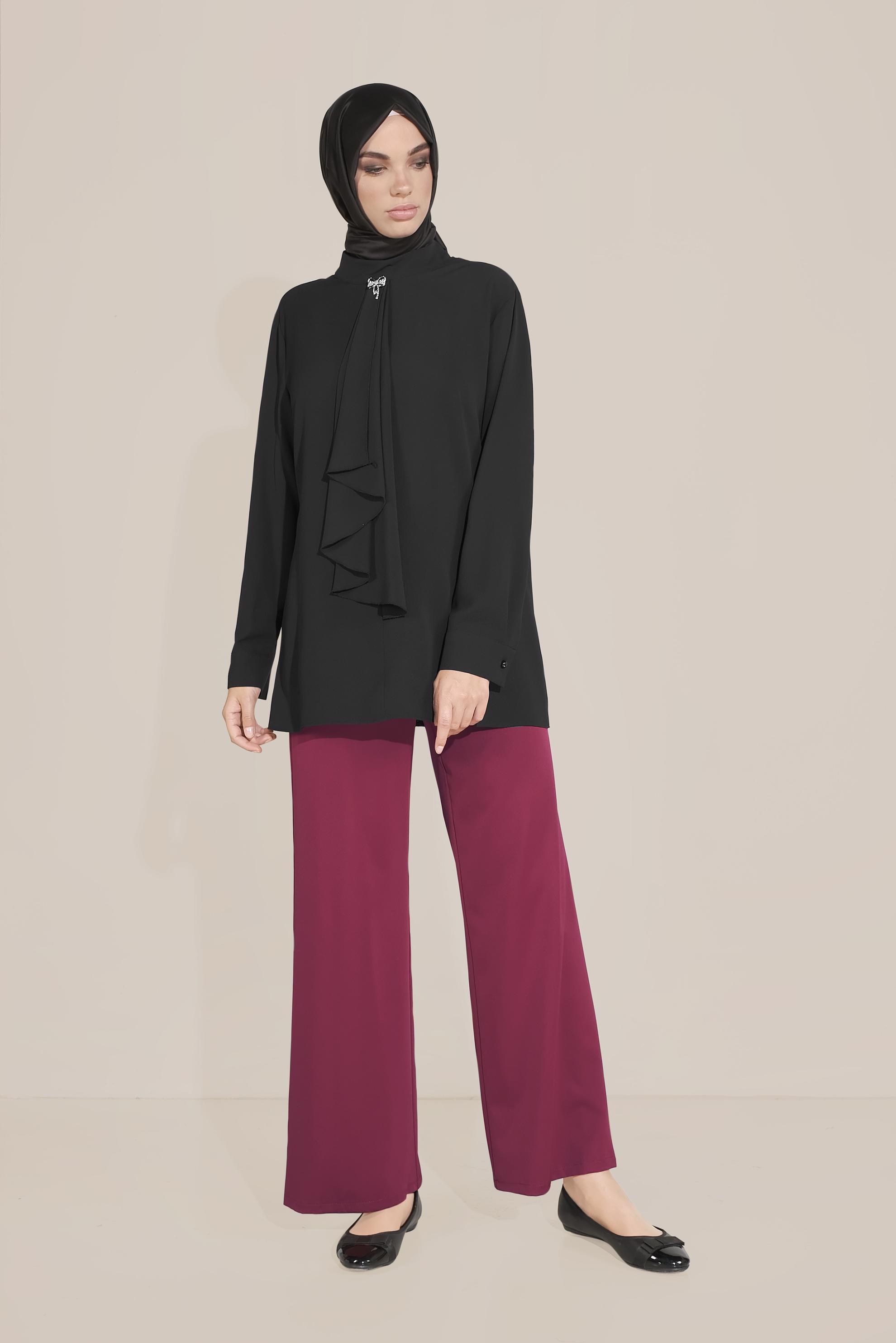 Tesettür giyim MOR BELİ KUŞAKLI BOL PAÇA KLASİK PANTOLON 70078 