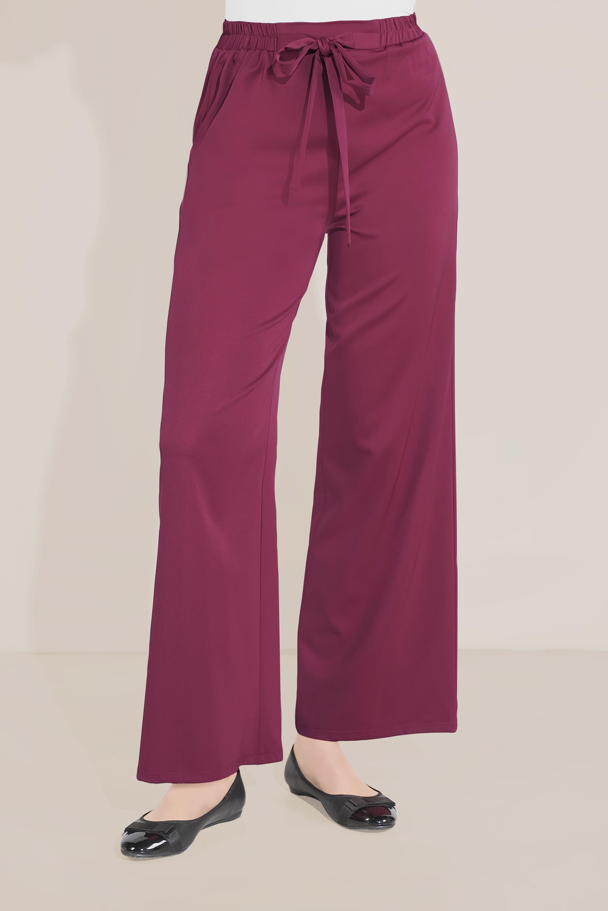Tesettür giyim MOR BELİ KUŞAKLI BOL PAÇA KLASİK PANTOLON 70078 