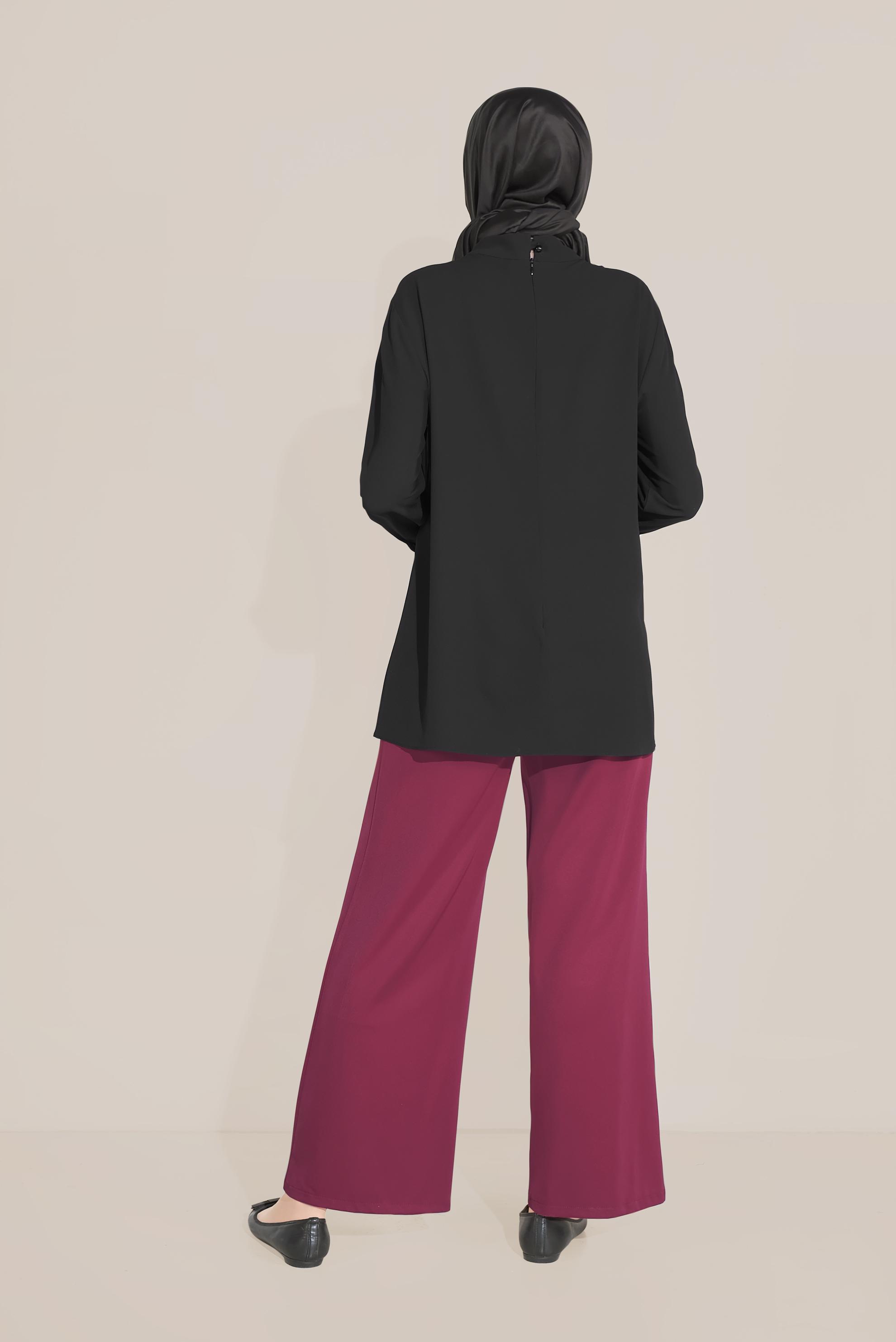 Tesettür giyim MOR BELİ KUŞAKLI BOL PAÇA KLASİK PANTOLON 70078 