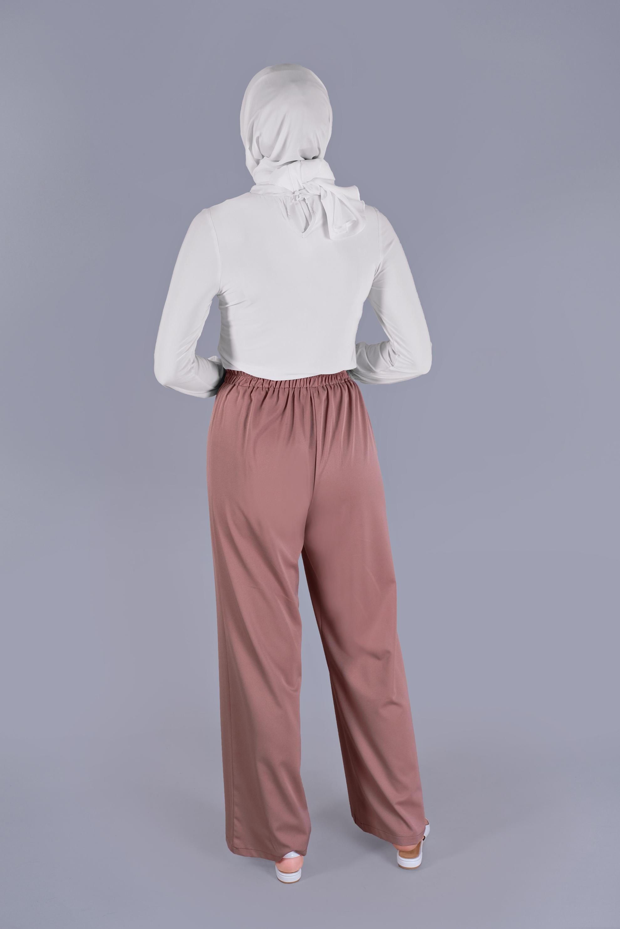 Tesettür giyim PEMBE BELİ KUŞAKLI BOL PAÇA KLASİK PANTOLON 70078 