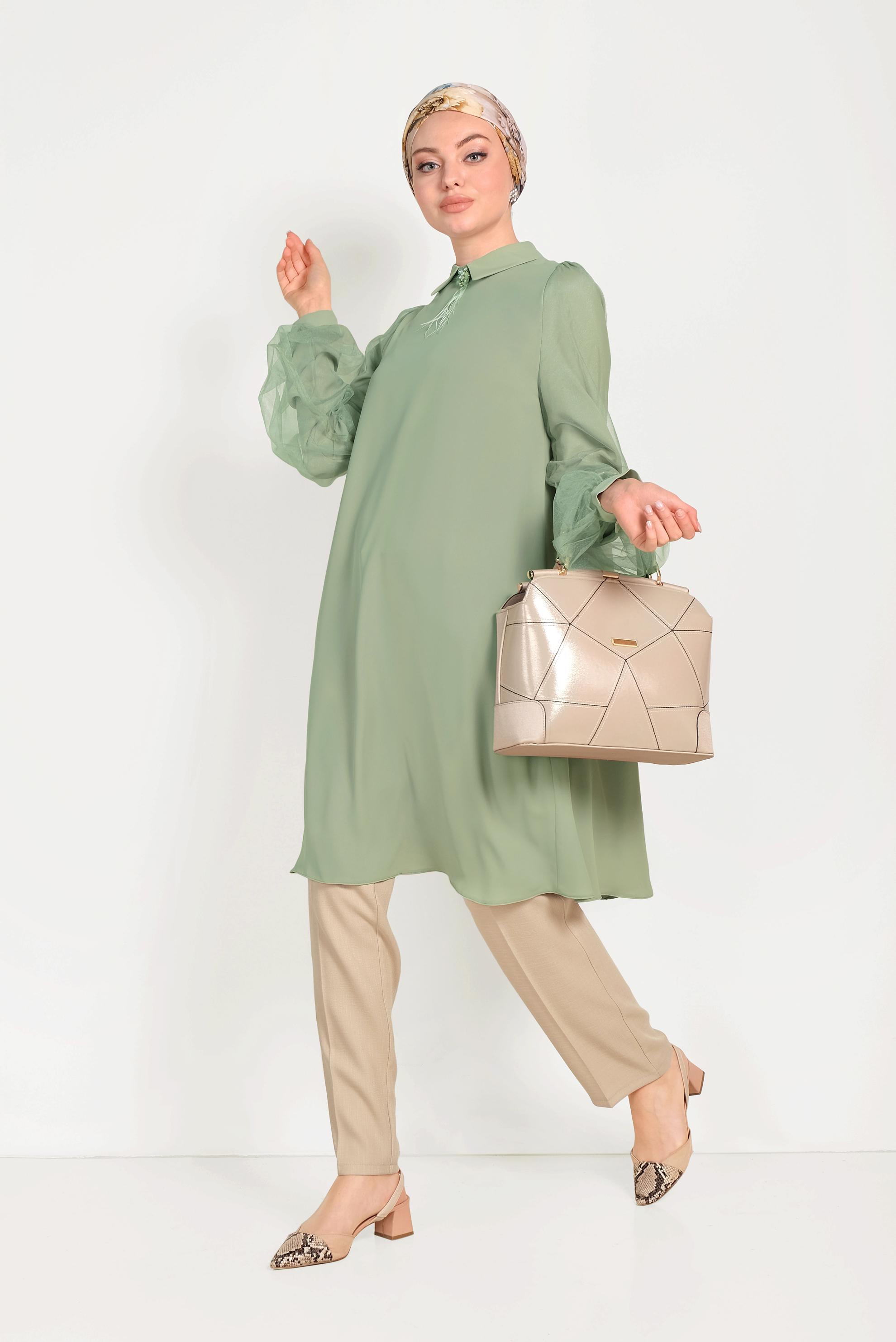 Tesettür giyim BEJ DÜĞMELİ FERMUARLI PANTOLON 70079