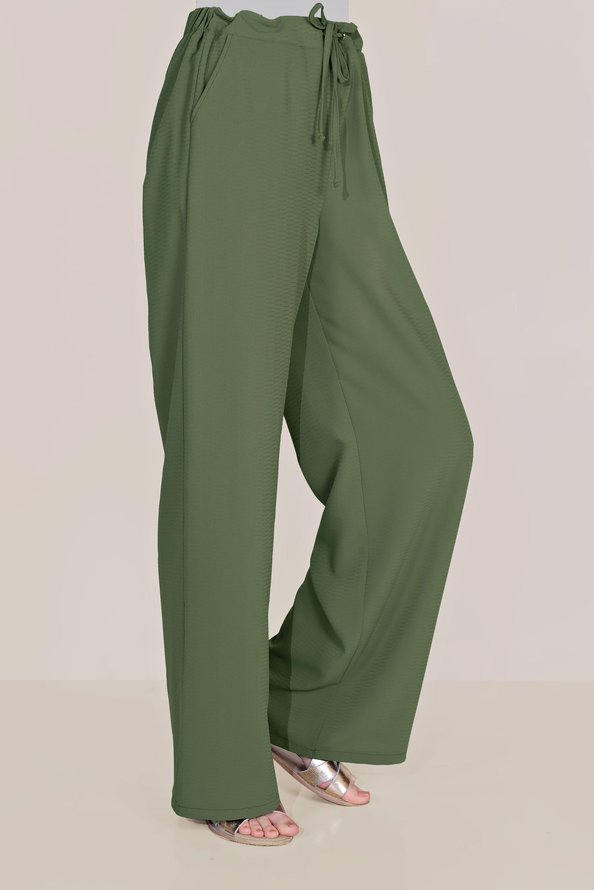 Tesettür giyim HAKİ BELİ BAĞCIKLI SALAŞ PANTOLON 70088 