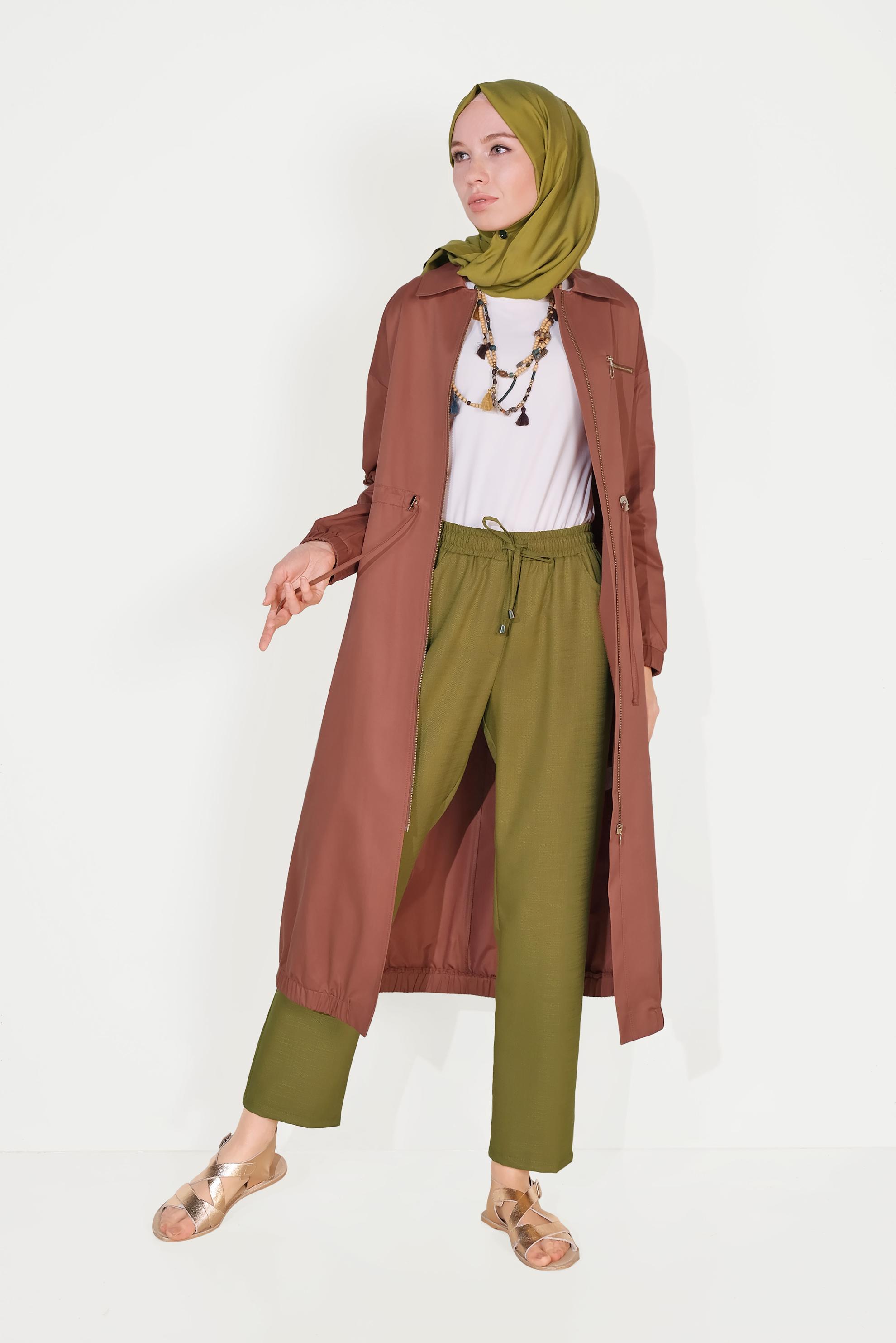 Tesettür giyim YEŞİL BELİ LASTİKLİ PANTOLON 70091
