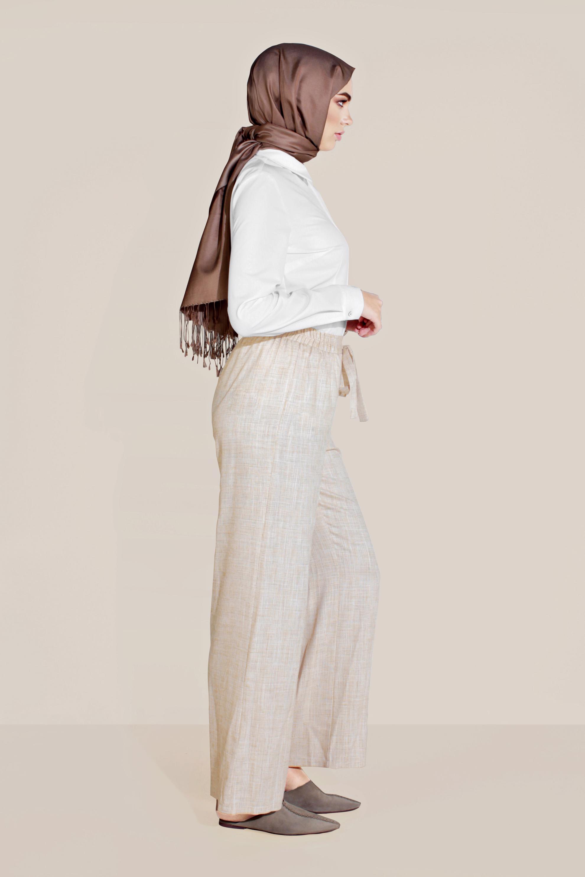 Tesettür giyim BEJ BOL KESİM BELDEN BAĞLAMALI PANTOLON 70105