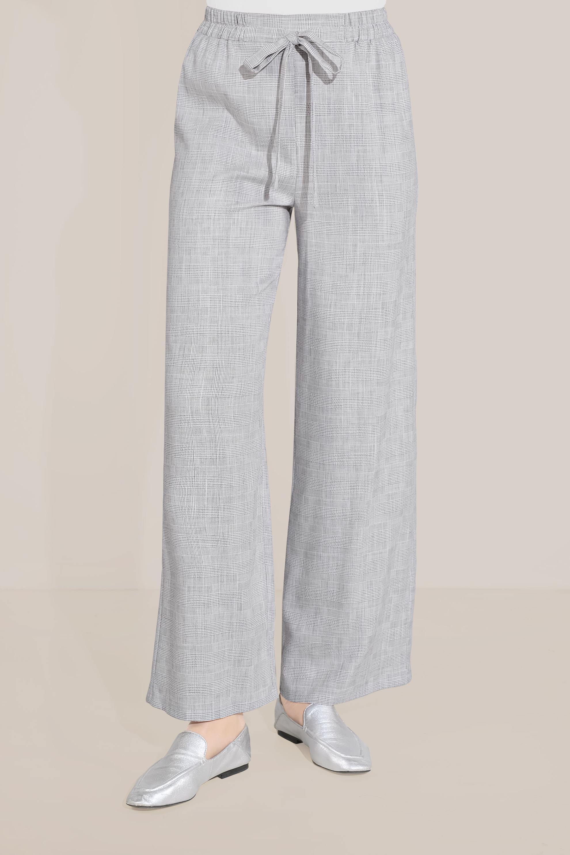 Tesettür giyim GRİ BOL KESİM BELDEN BAĞLAMALI PANTOLON 70105