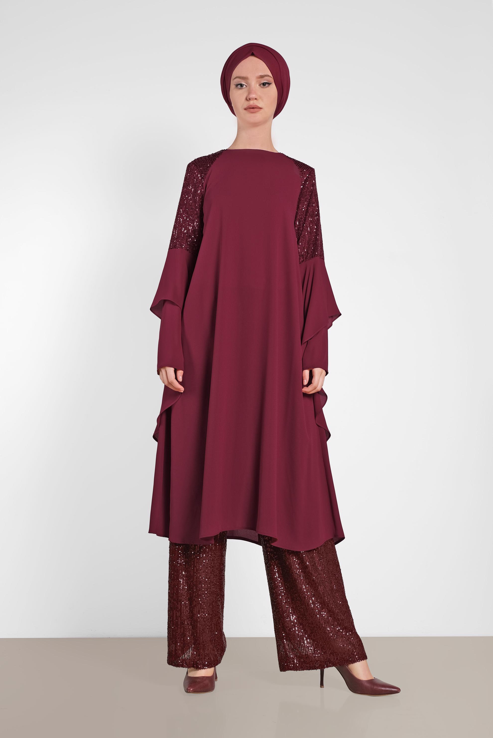Tesettür giyim BORDO BELİ LASTİKLİ PUL PAYET PANTOLON 7531