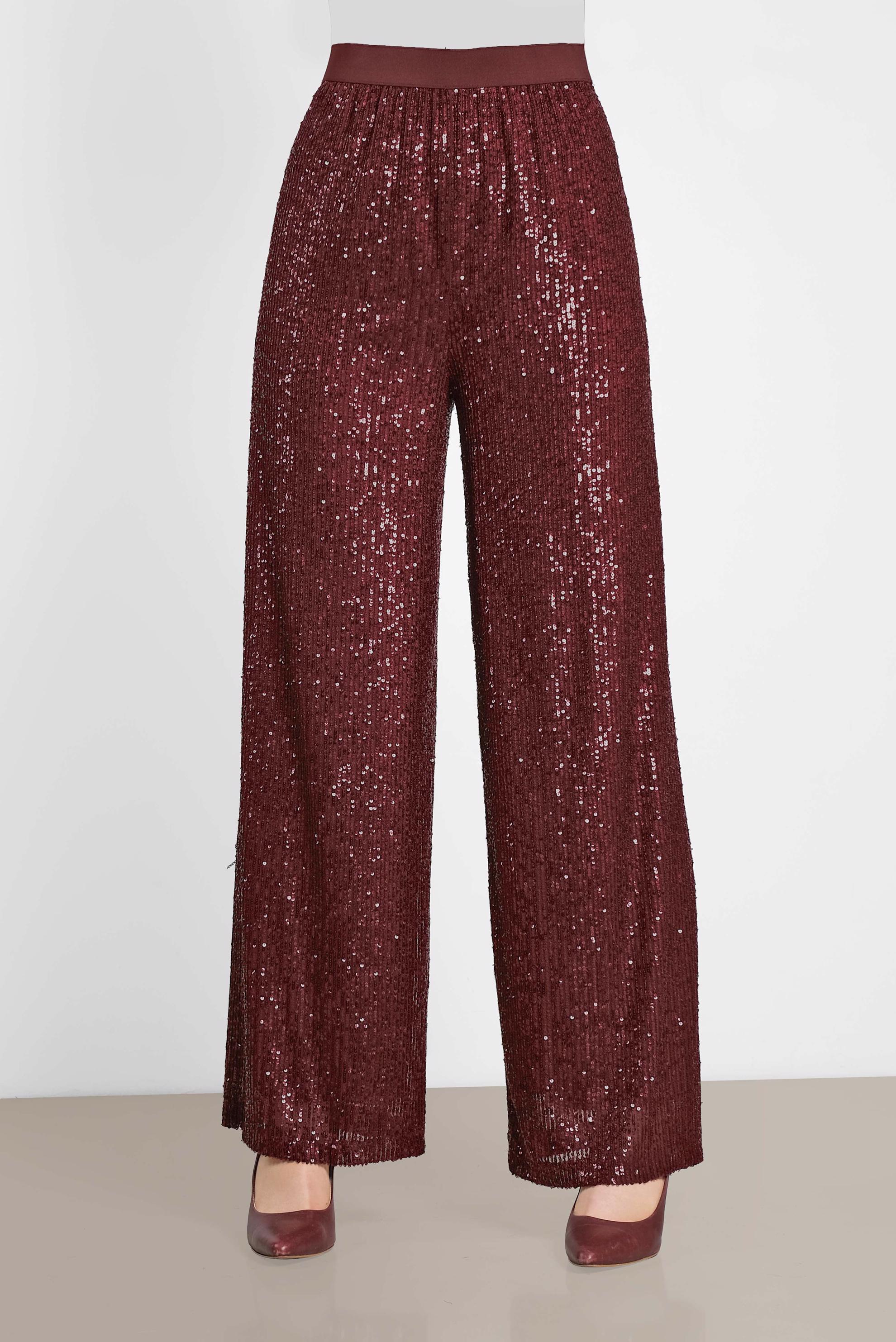 Tesettür giyim BORDO BELİ LASTİKLİ PUL PAYET PANTOLON 7531