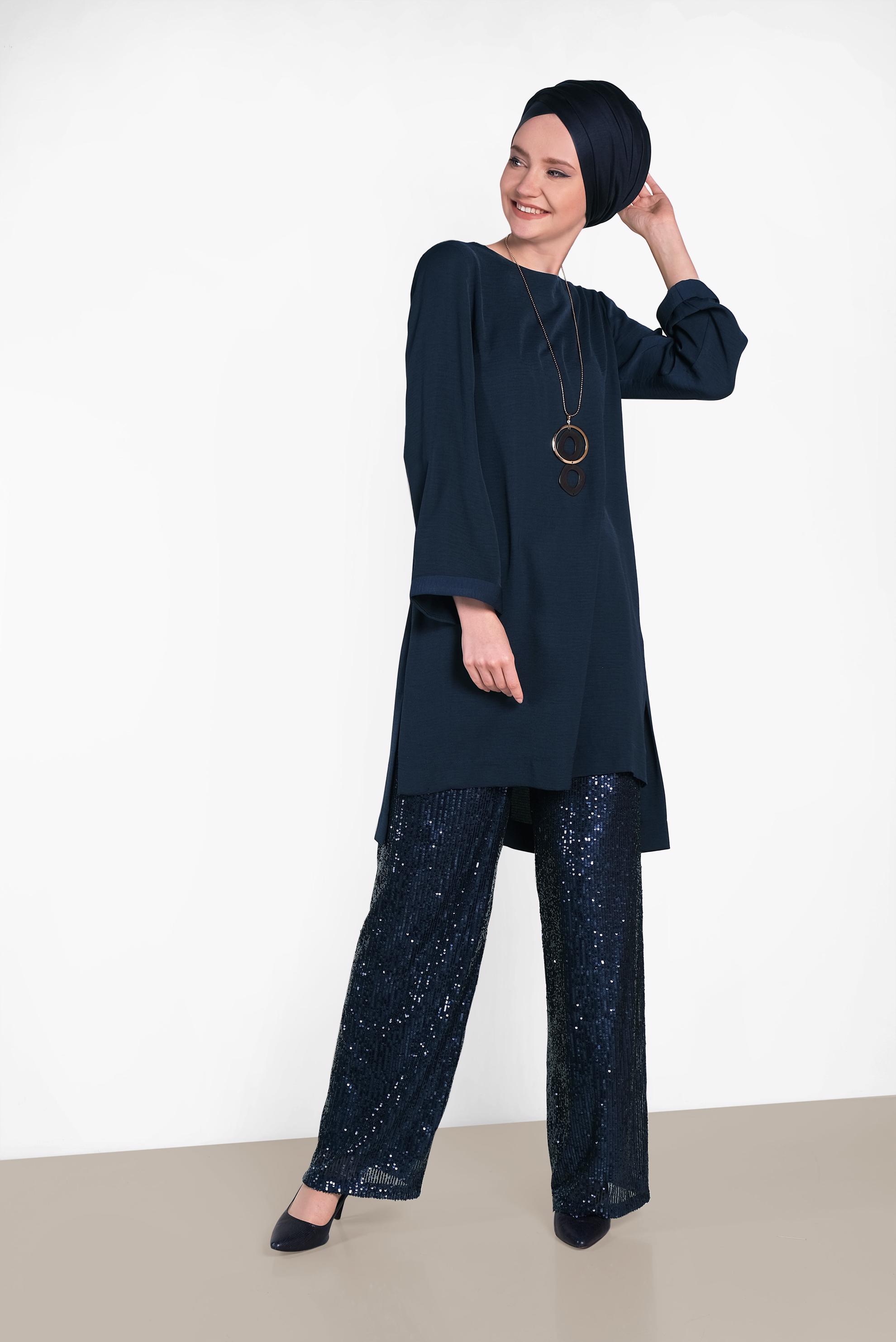 Tesettür giyim LACİVERT BELİ LASTİKLİ PUL PAYET PANTOLON 7531