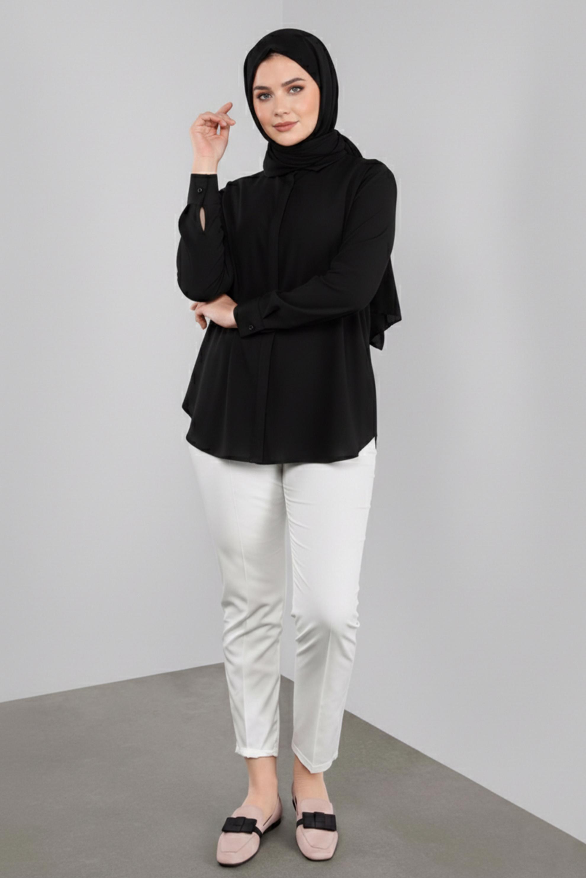 Tesettür giyim BEYAZ ARA BEL KUMAŞ PANTOLON 7537