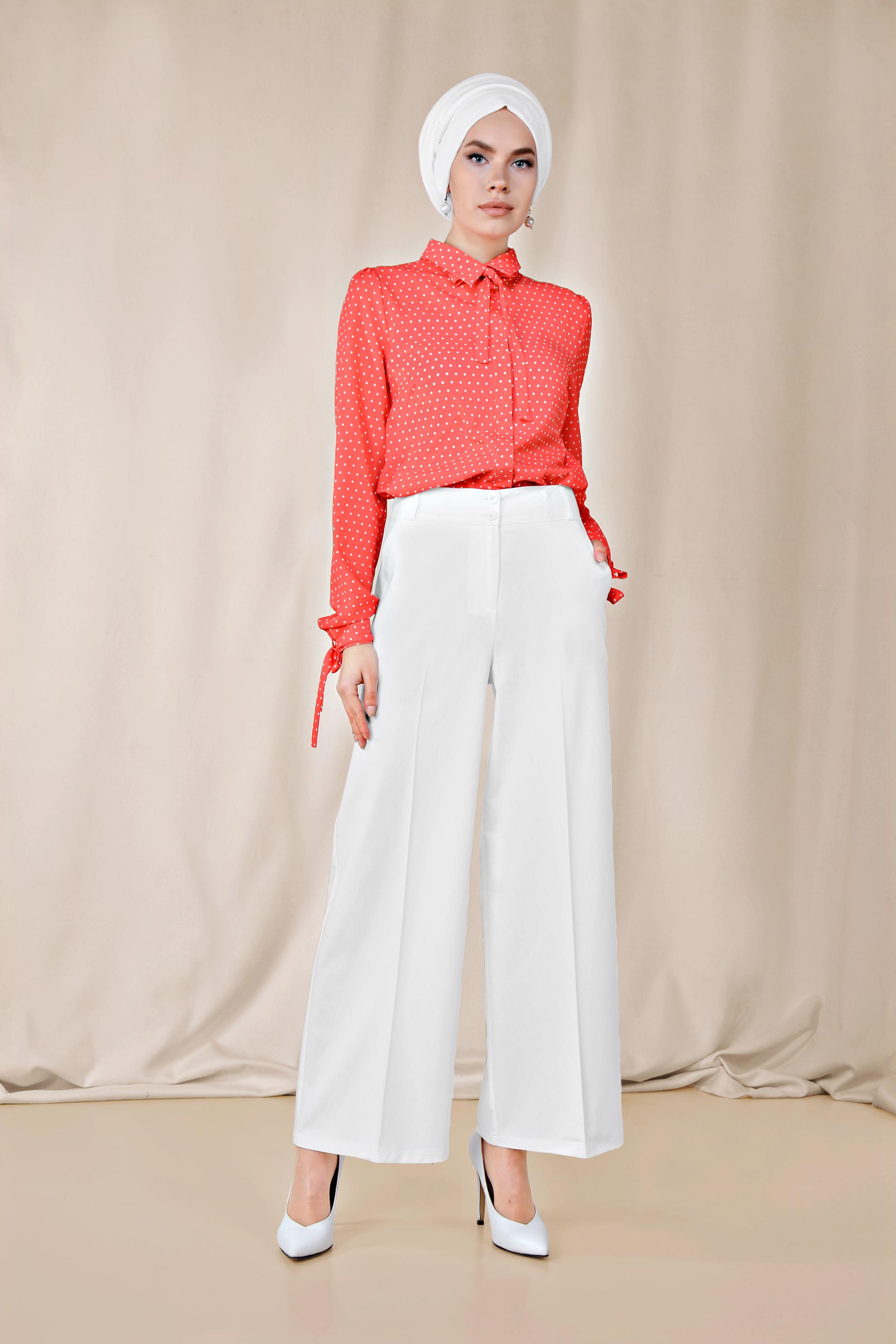 Tesettür giyim BEYAZ ARA BEL GENİŞ PAÇA PANTOLON 7545