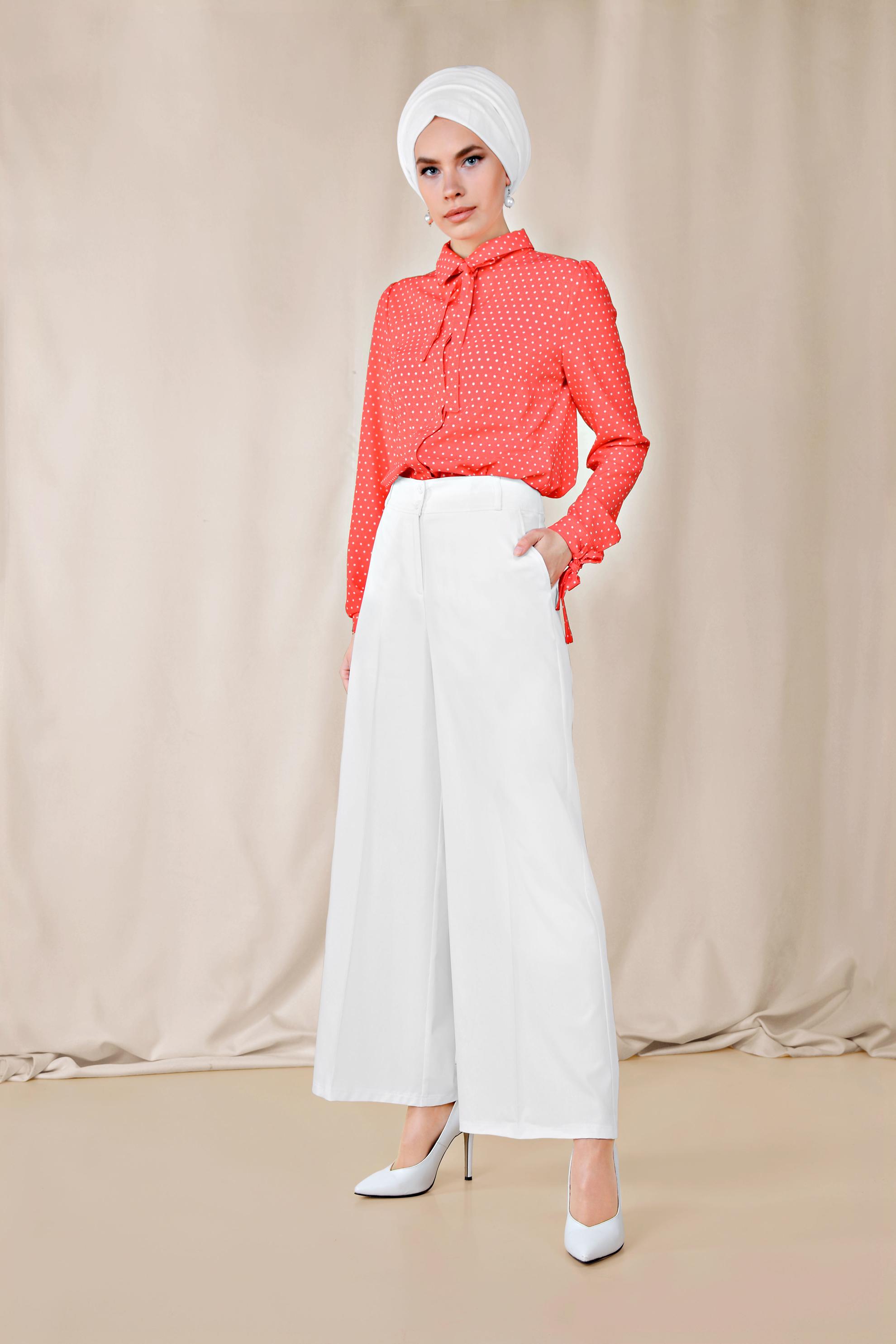 Tesettür giyim BEYAZ ARA BEL GENİŞ PAÇA PANTOLON 7545