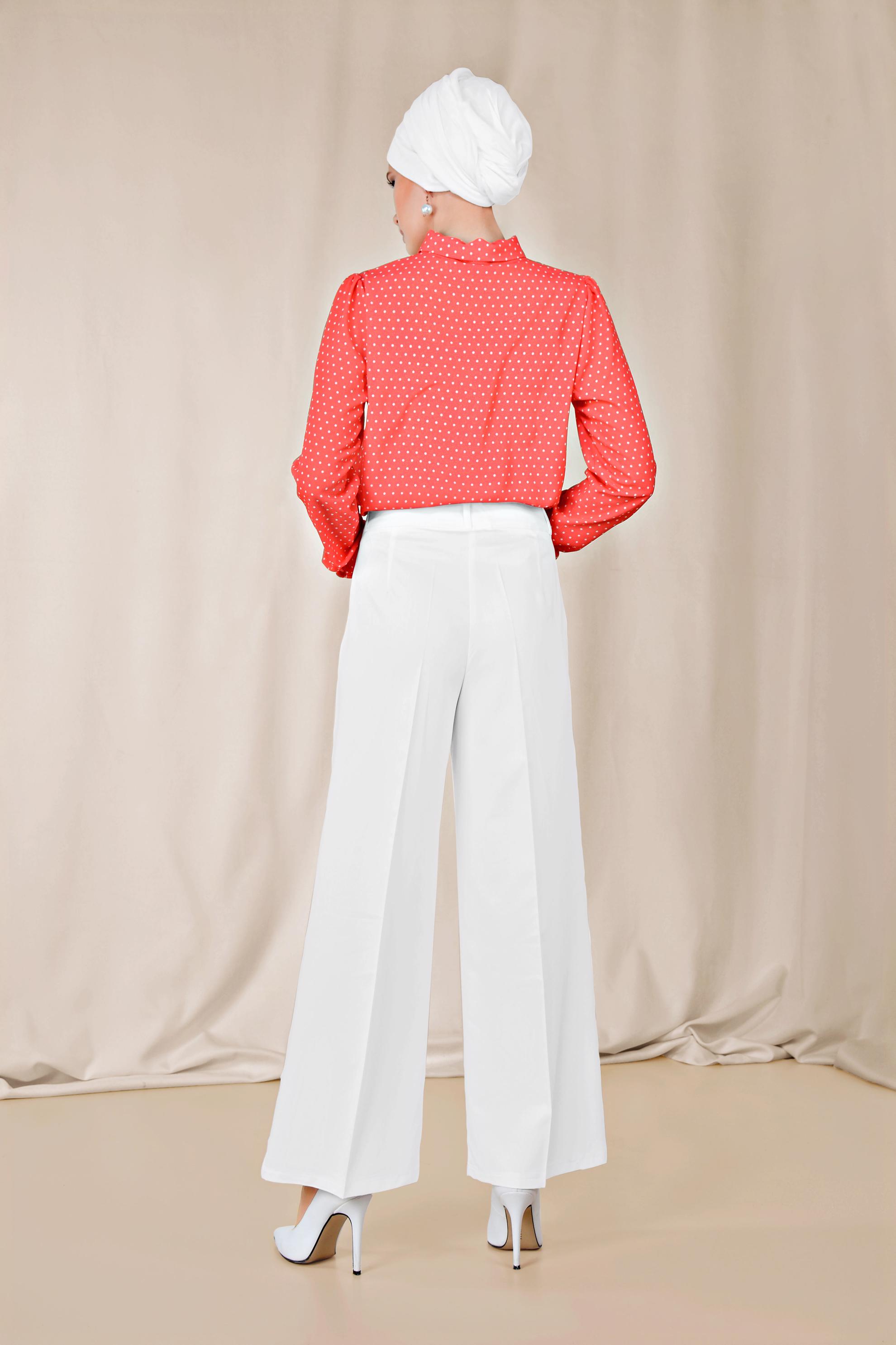 Tesettür giyim BEYAZ ARA BEL GENİŞ PAÇA PANTOLON 7545