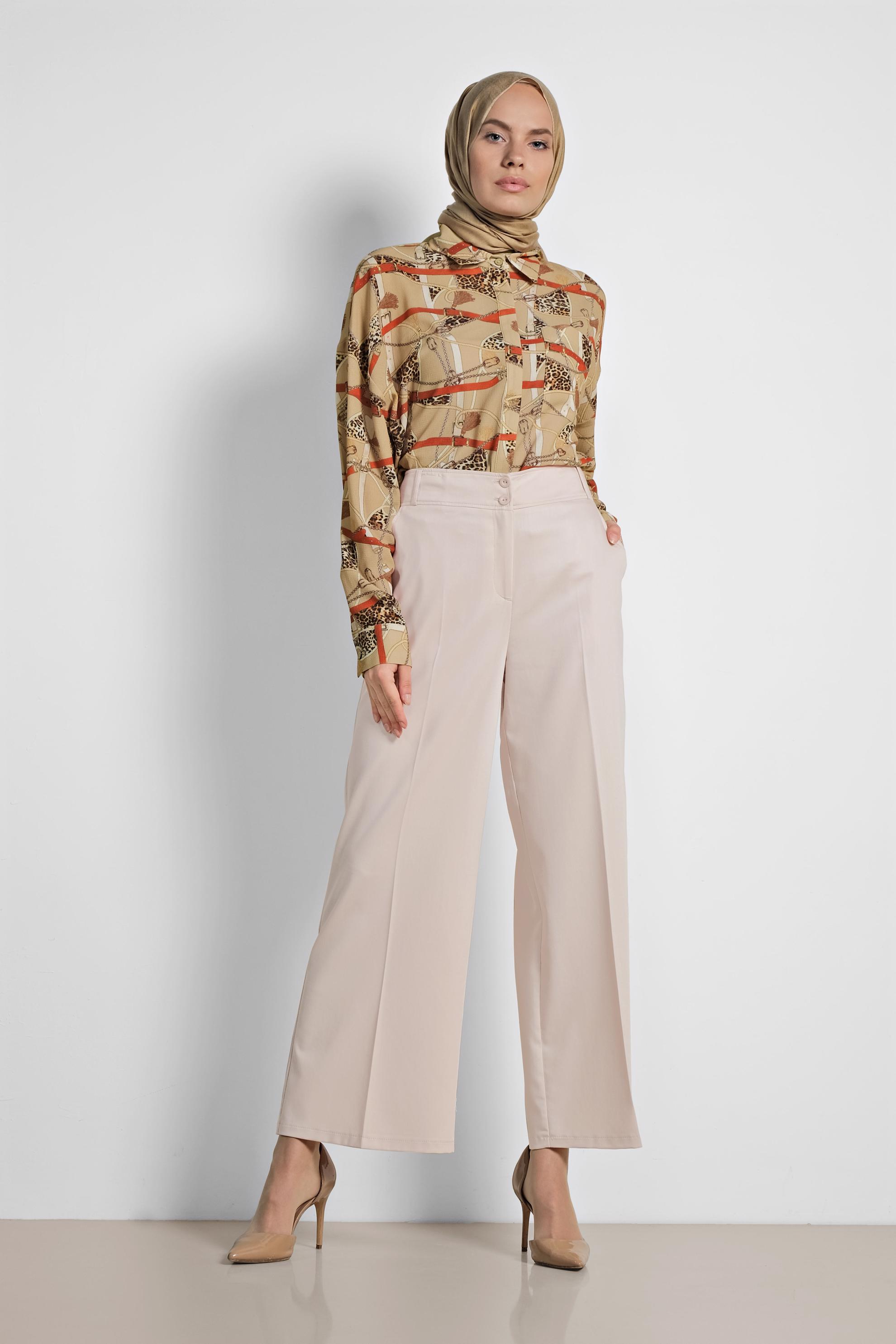 Tesettür giyim BEJ ARA BEL GENİŞ PAÇA PANTOLON 7545