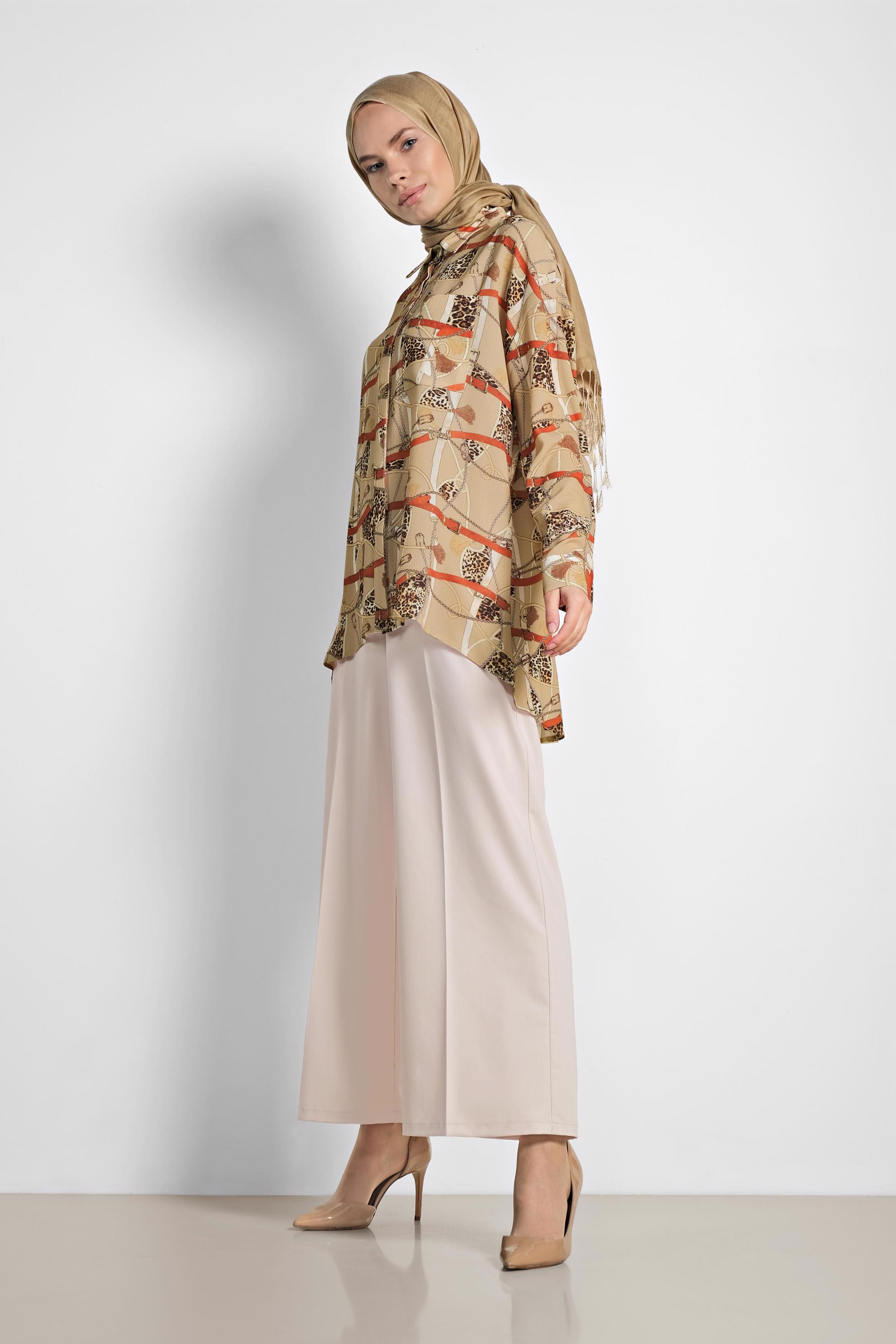 Tesettür giyim BEJ ARA BEL GENİŞ PAÇA PANTOLON 7545