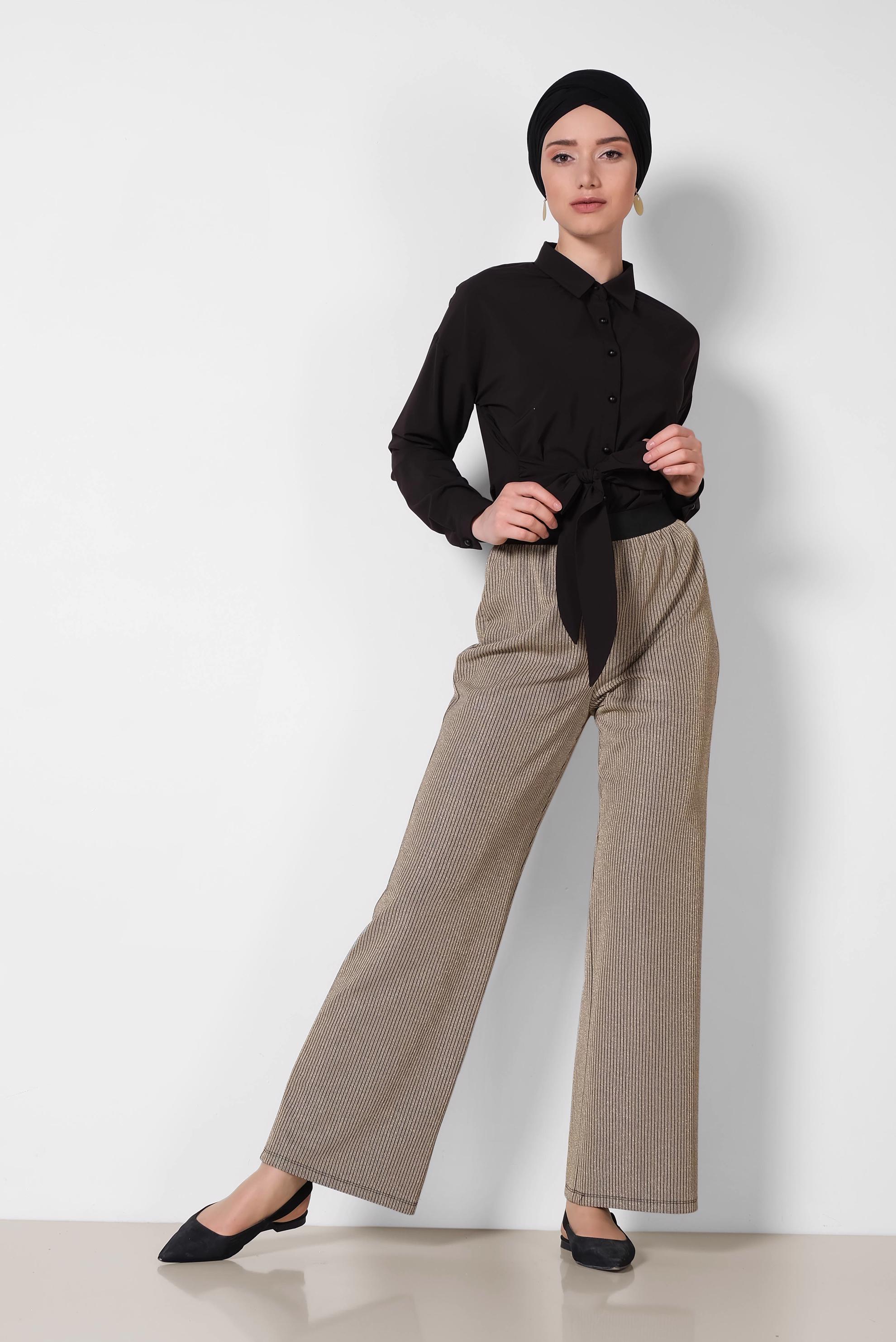 Tesettür giyim ALTIN BELİ LASTİKLİ SİMLİ PANTOLON 7550