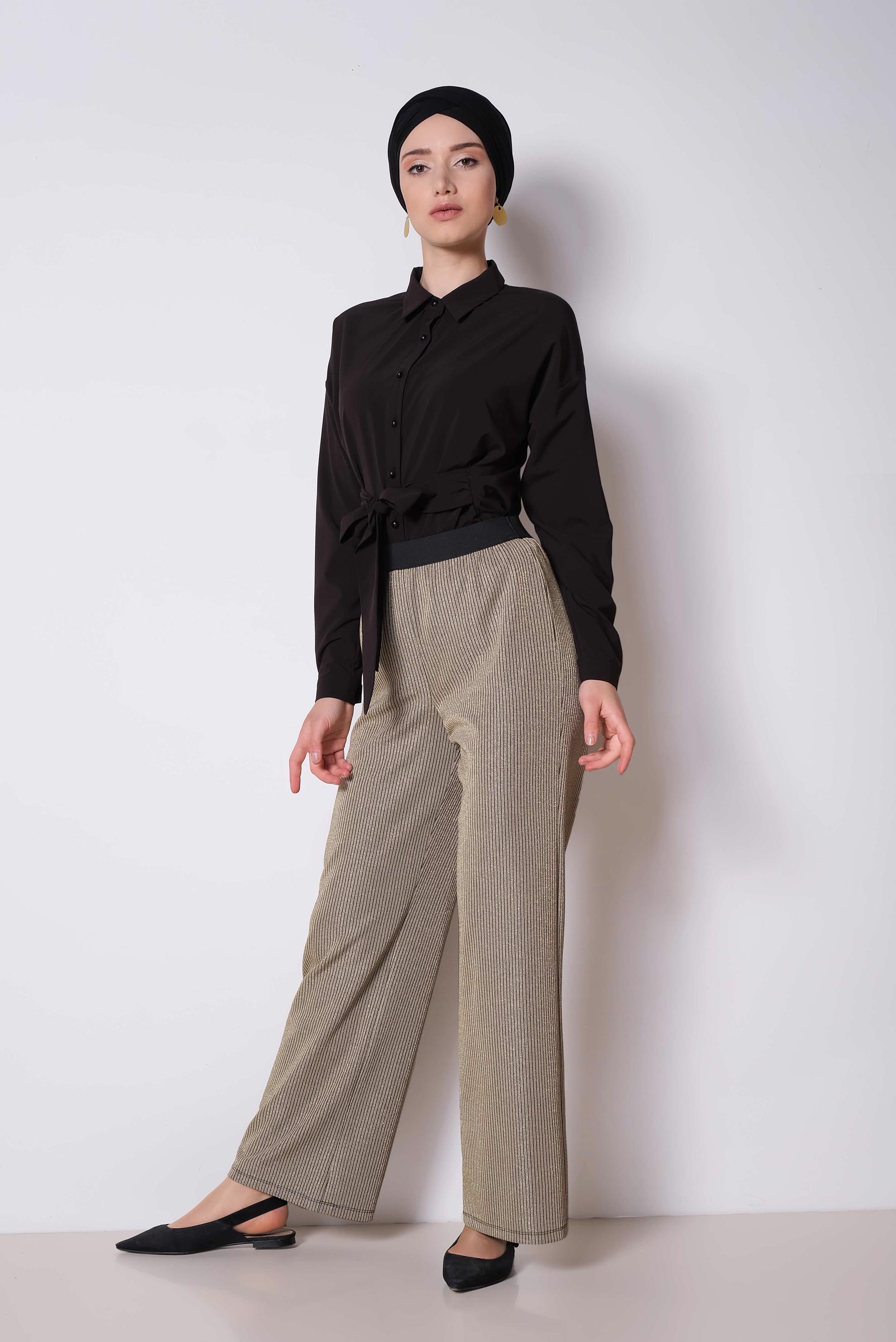 Tesettür giyim ALTIN BELİ LASTİKLİ SİMLİ PANTOLON 7550