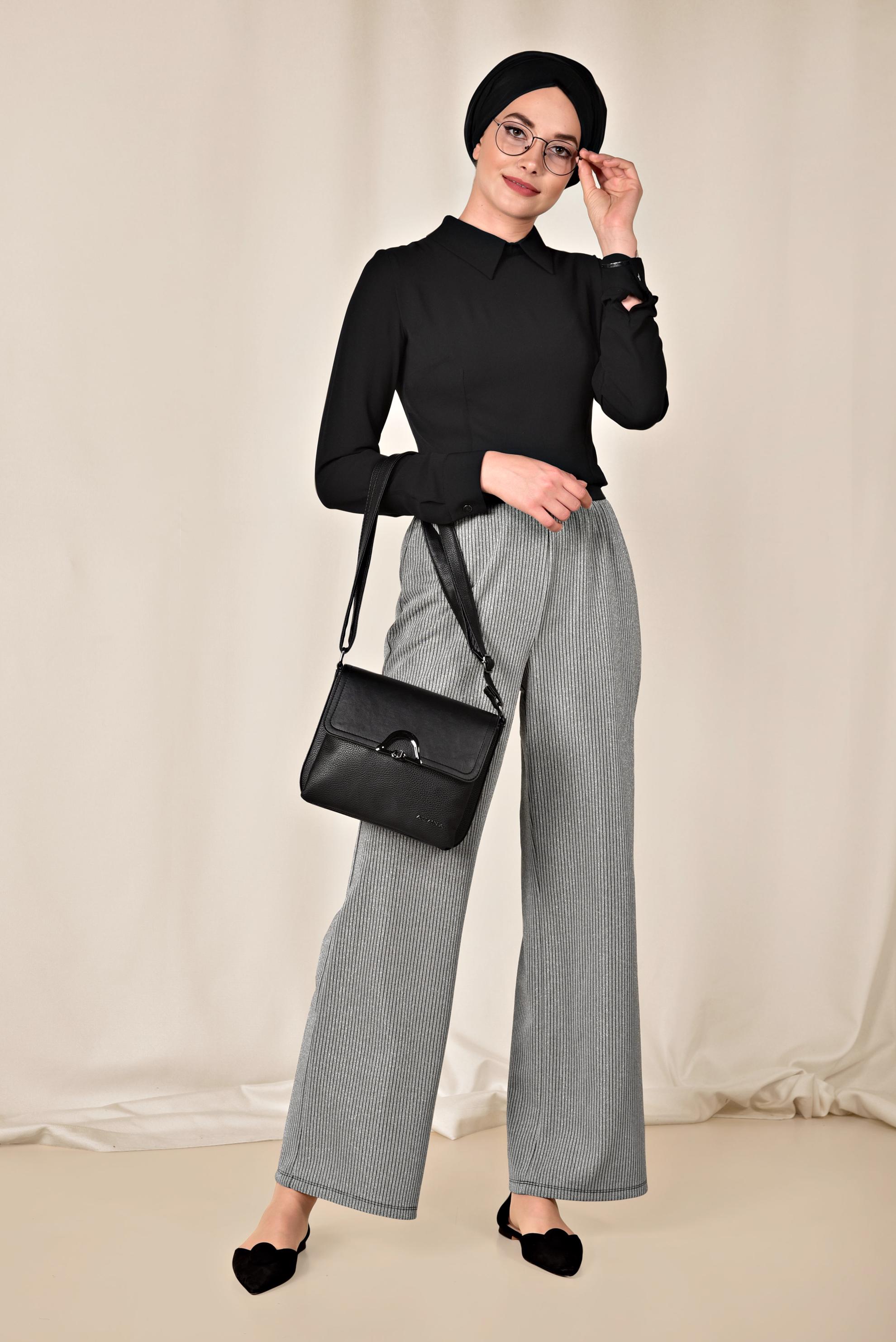 Tesettür giyim GÜMÜŞ BELİ LASTİKLİ SİMLİ PANTOLON 7550