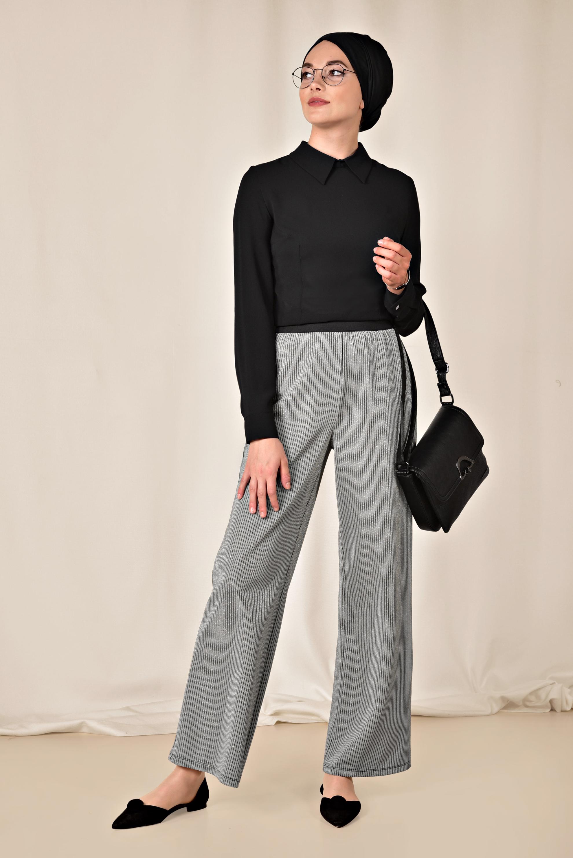 Tesettür giyim GÜMÜŞ BELİ LASTİKLİ SİMLİ PANTOLON 7550