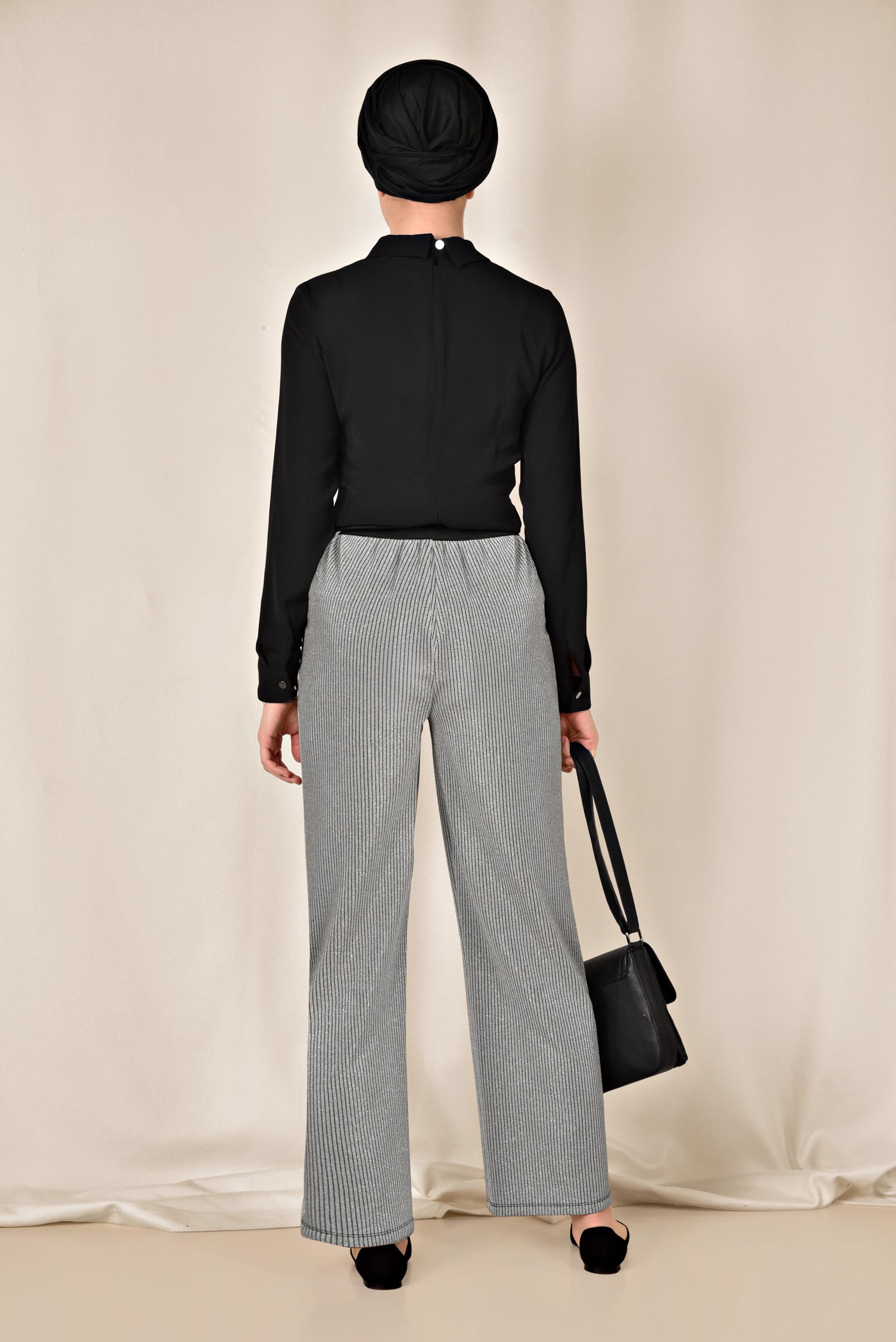 Tesettür giyim GÜMÜŞ BELİ LASTİKLİ SİMLİ PANTOLON 7550