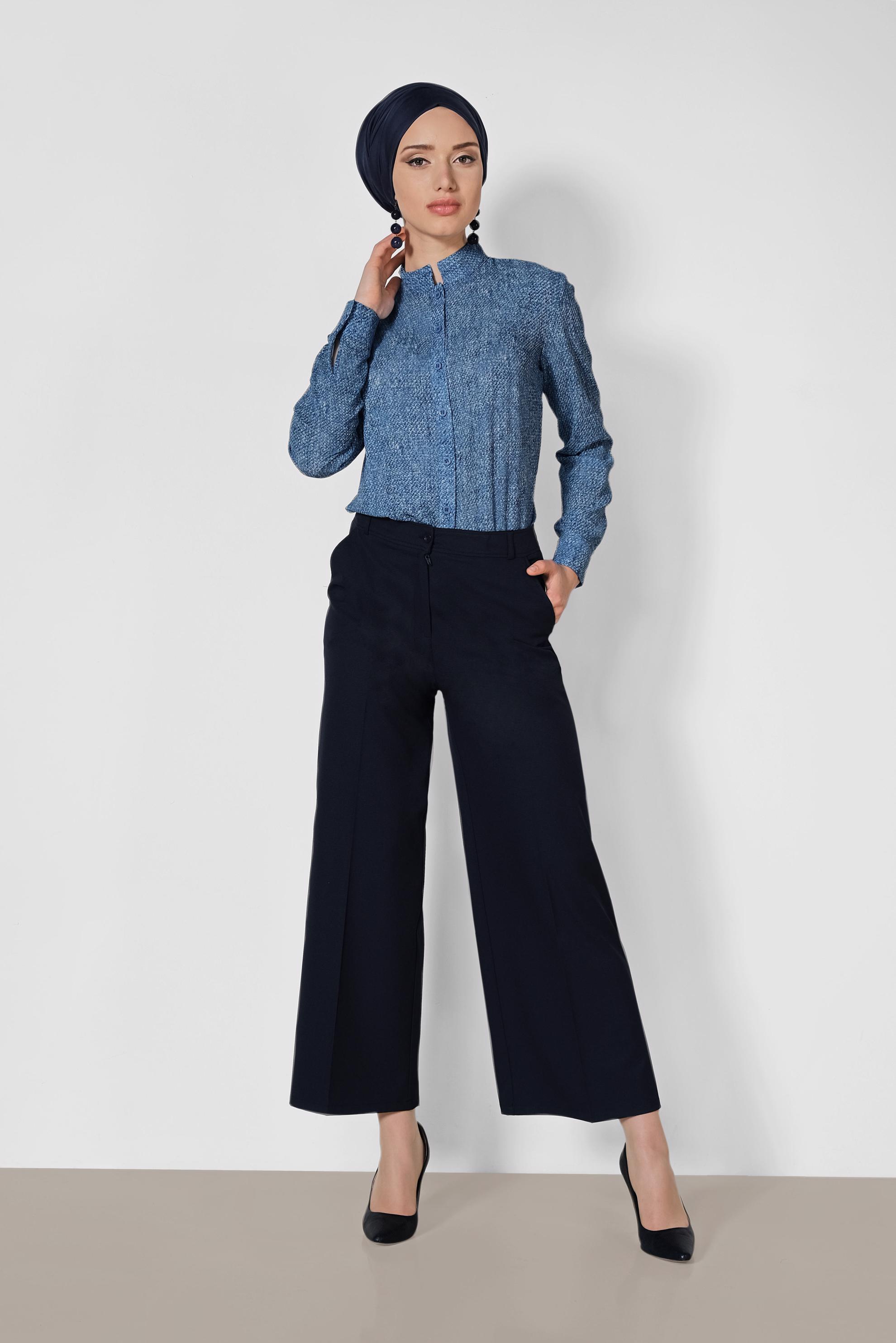 Tesettür giyim LACİVERT YÜKSEK BEL GENİŞ PAÇA PANTOLON 7551
