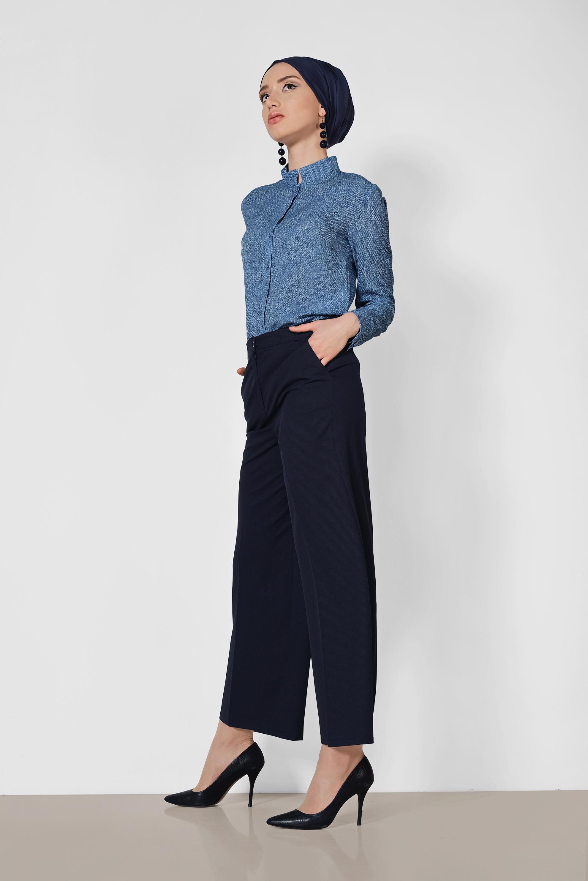 Tesettür giyim LACİVERT YÜKSEK BEL GENİŞ PAÇA PANTOLON 7551