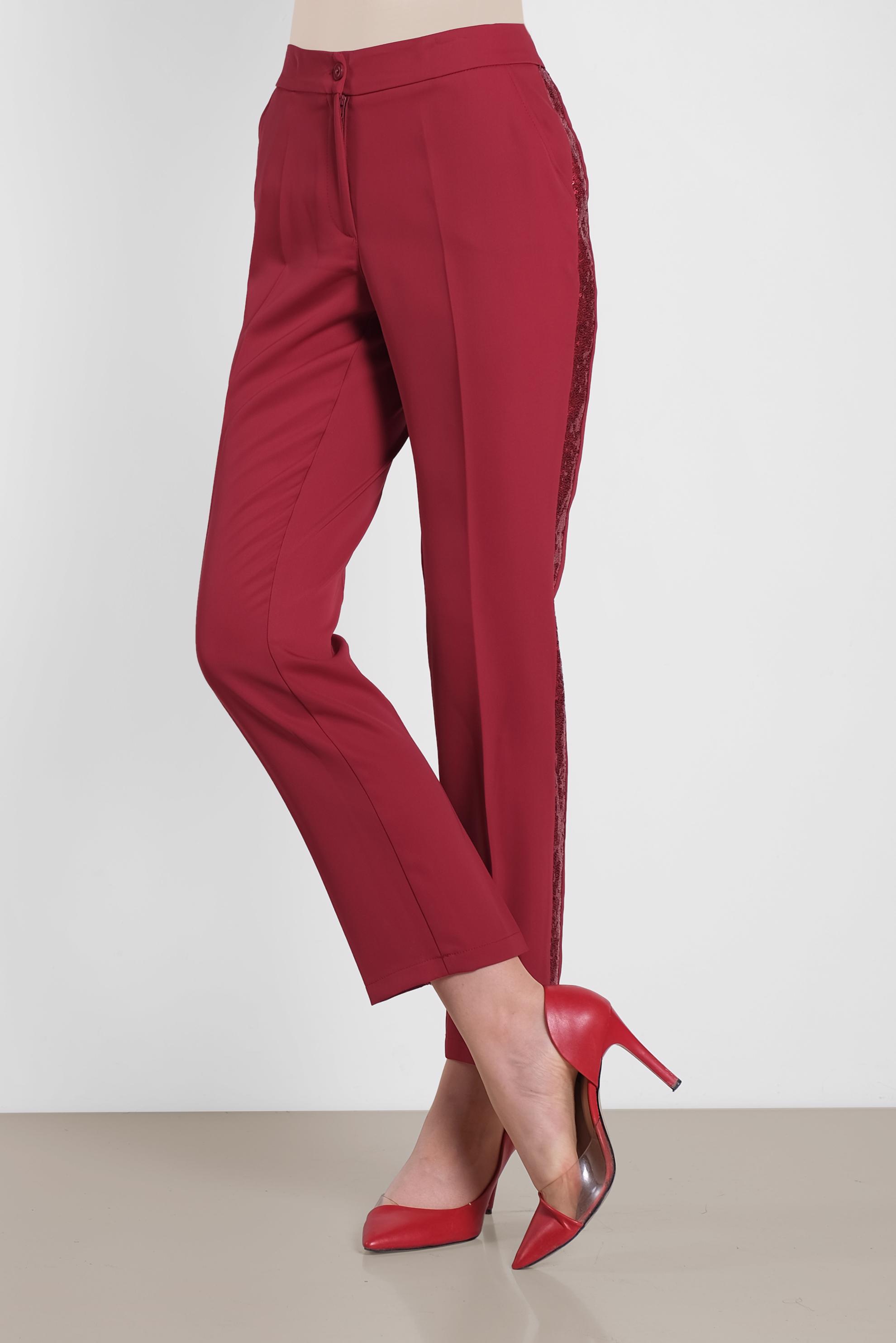 Tesettür giyim KIRMIZI SİMLİ ŞERİT DETAYLI PANTOLON 7565	