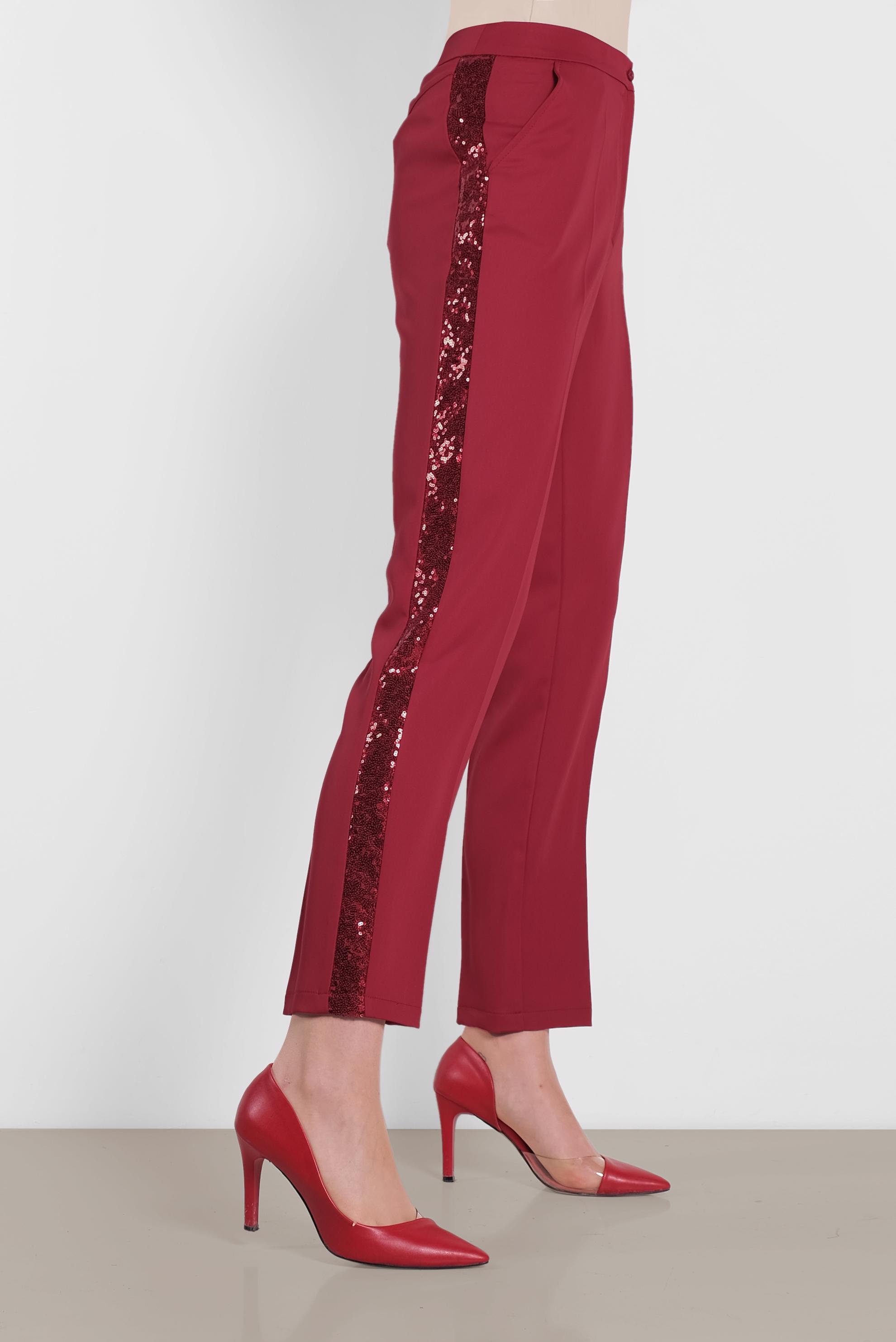 Tesettür giyim KIRMIZI SİMLİ ŞERİT DETAYLI PANTOLON 7565	