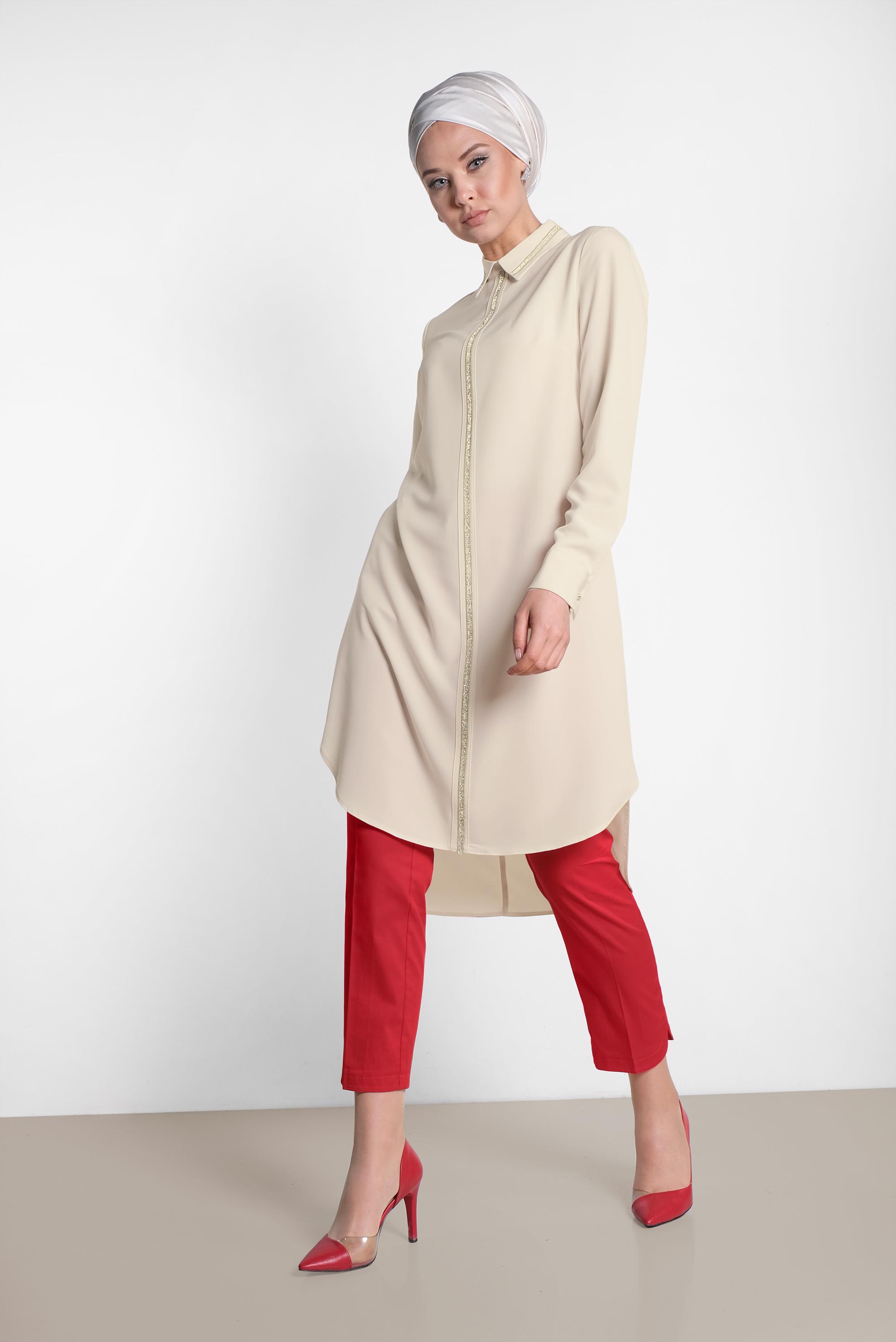 Tesettür giyim KIRMIZI DAR PAÇA PANTOLON 7575