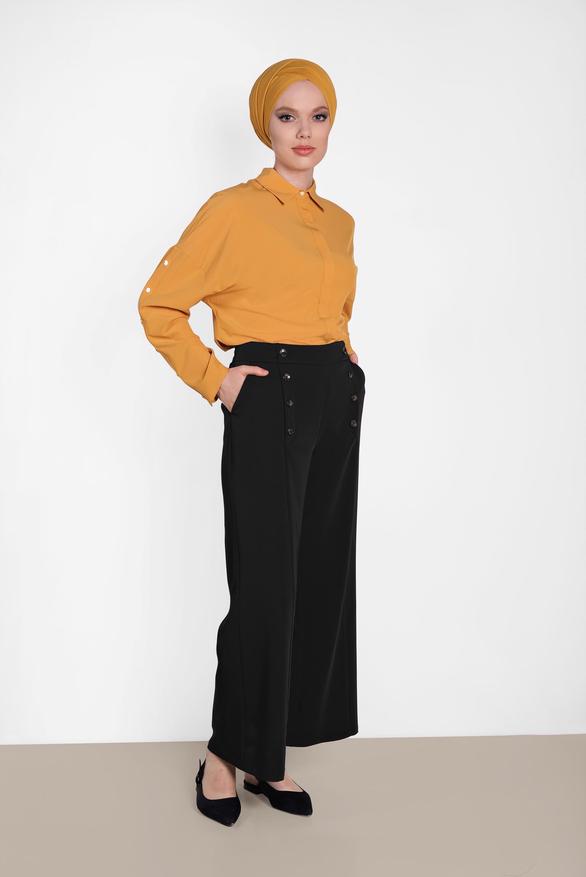 Tesettür giyim SİYAH DÜĞME DETAYLI YÜKSEK BEL PANTOLON 7578