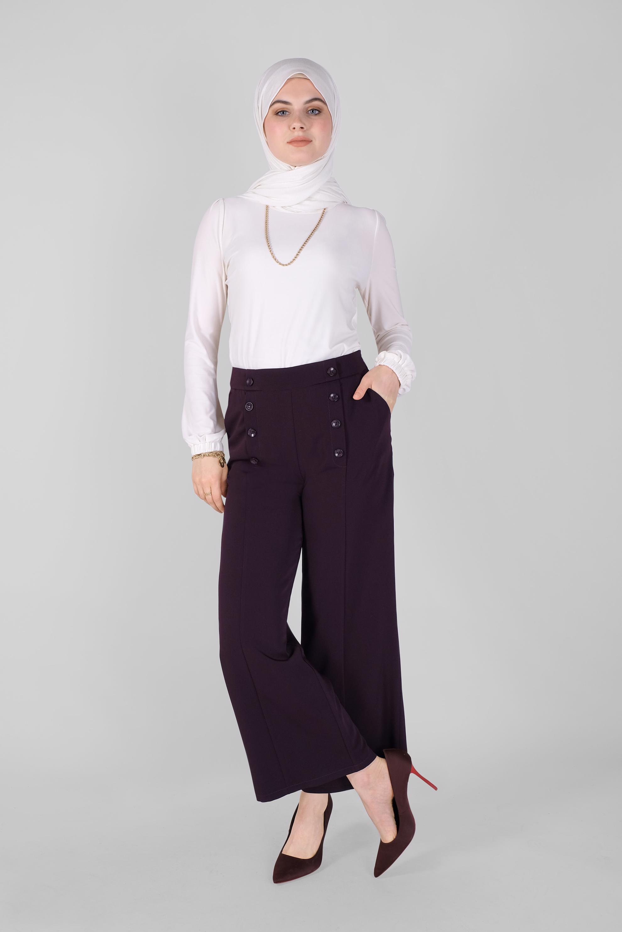 Tesettür giyim MOR DÜĞME DETAYLI YÜKSEK BEL PANTOLON 7578