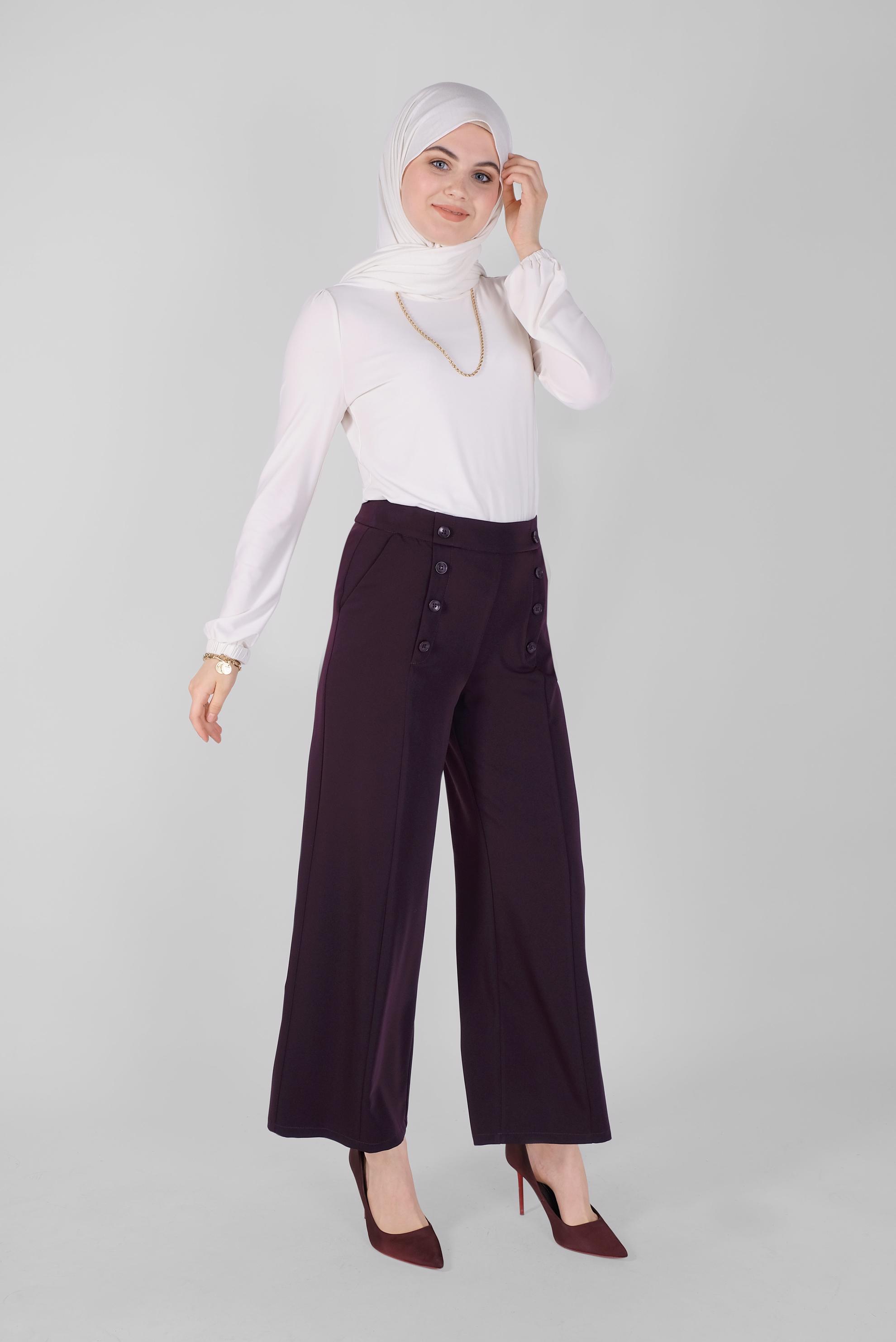 Tesettür giyim MOR DÜĞME DETAYLI YÜKSEK BEL PANTOLON 7578