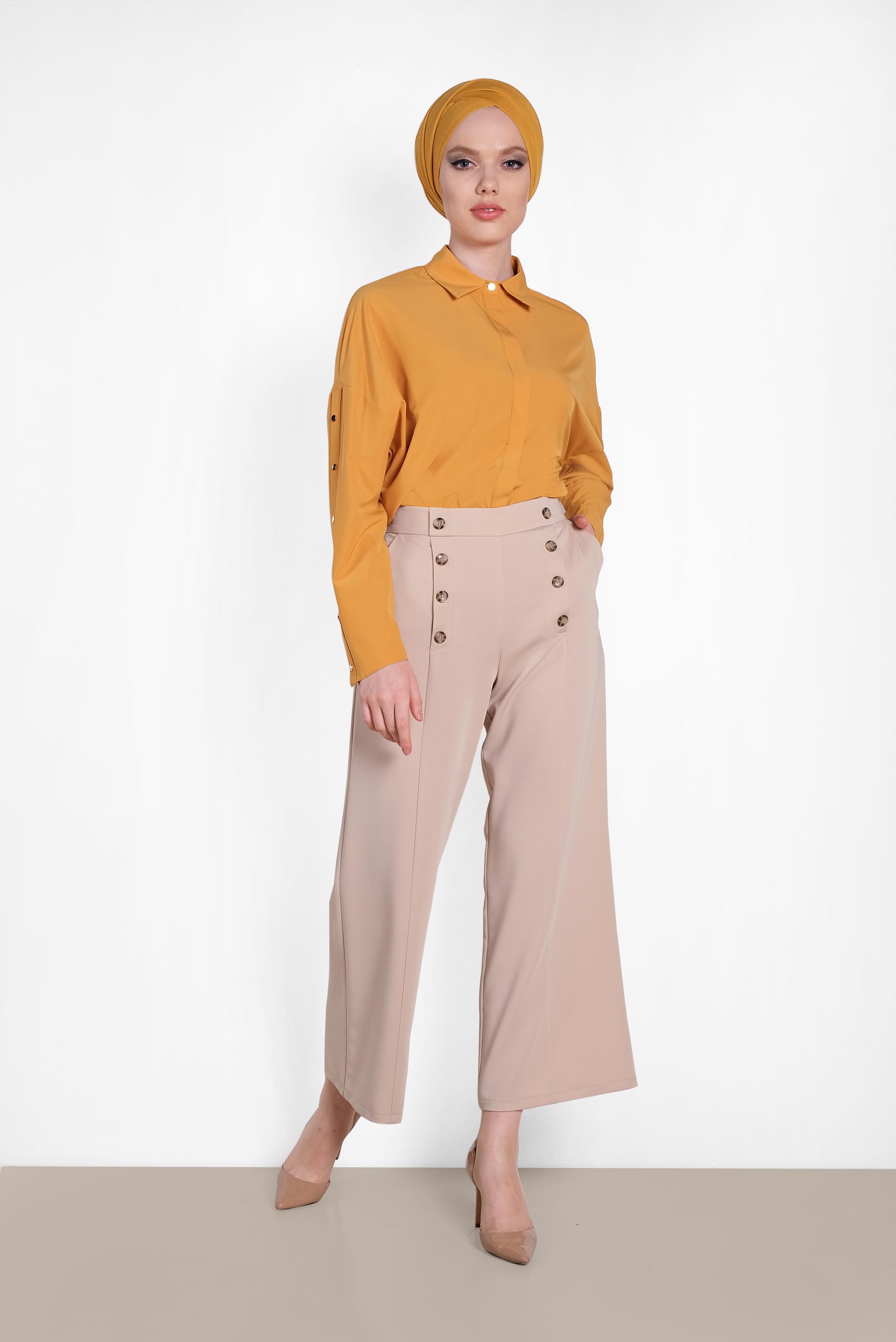 Tesettür giyim BEJ DÜĞME DETAYLI YÜKSEK BEL PANTOLON 7578