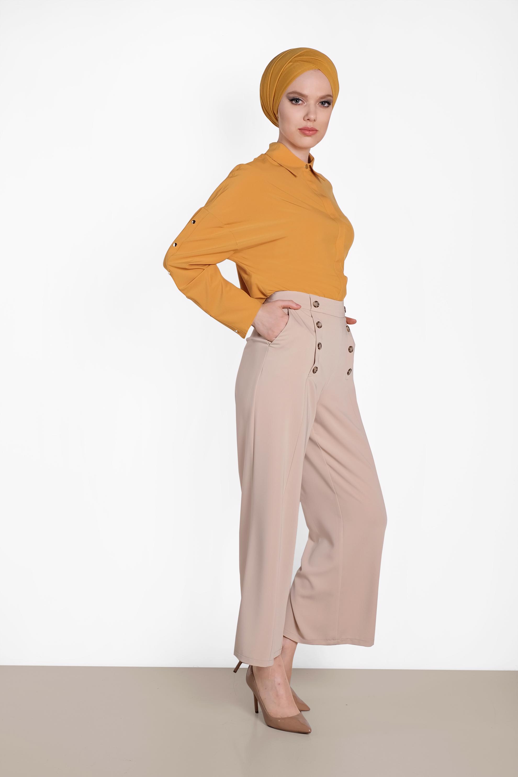 Tesettür giyim BEJ DÜĞME DETAYLI YÜKSEK BEL PANTOLON 7578