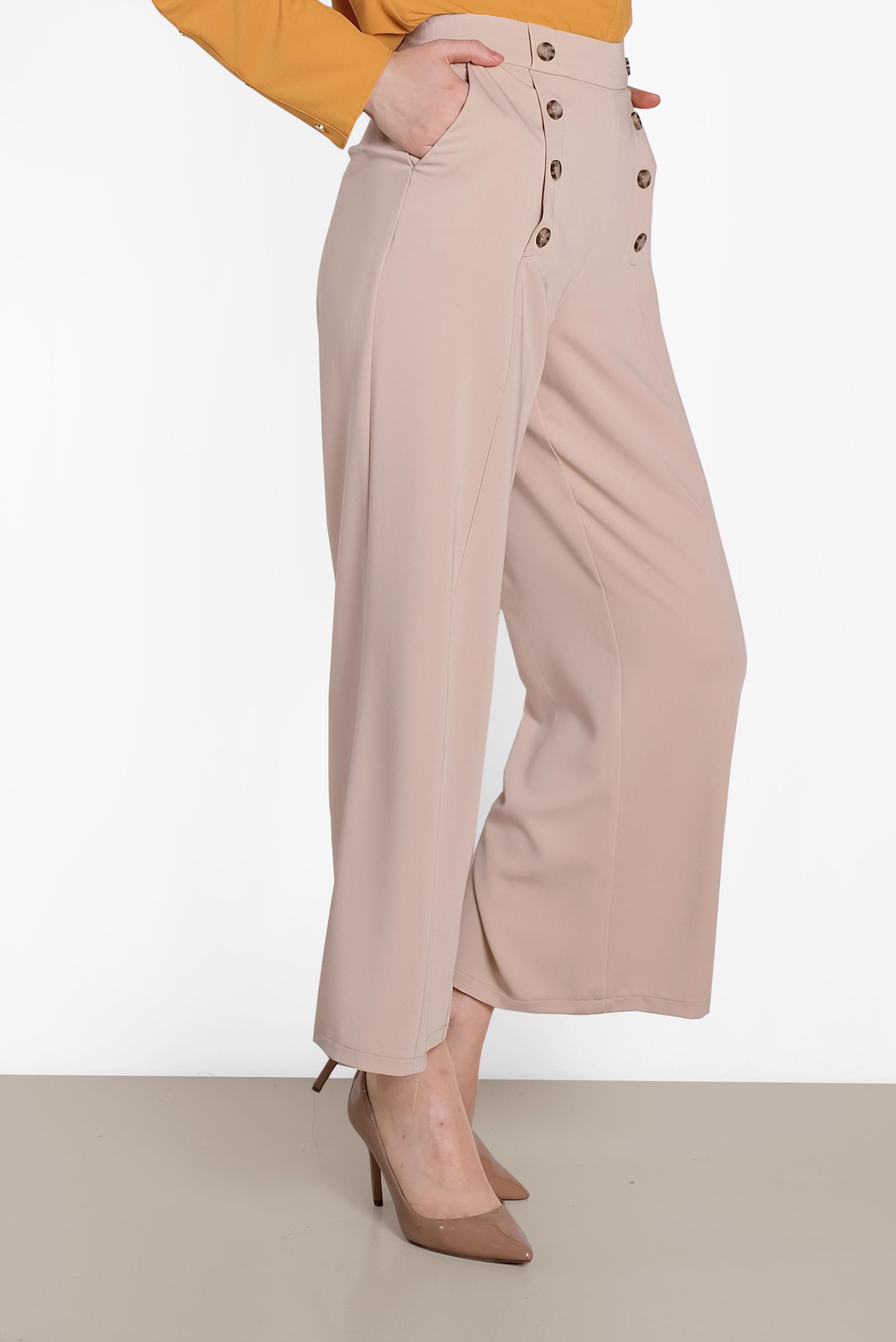 Tesettür giyim BEJ DÜĞME DETAYLI YÜKSEK BEL PANTOLON 7578