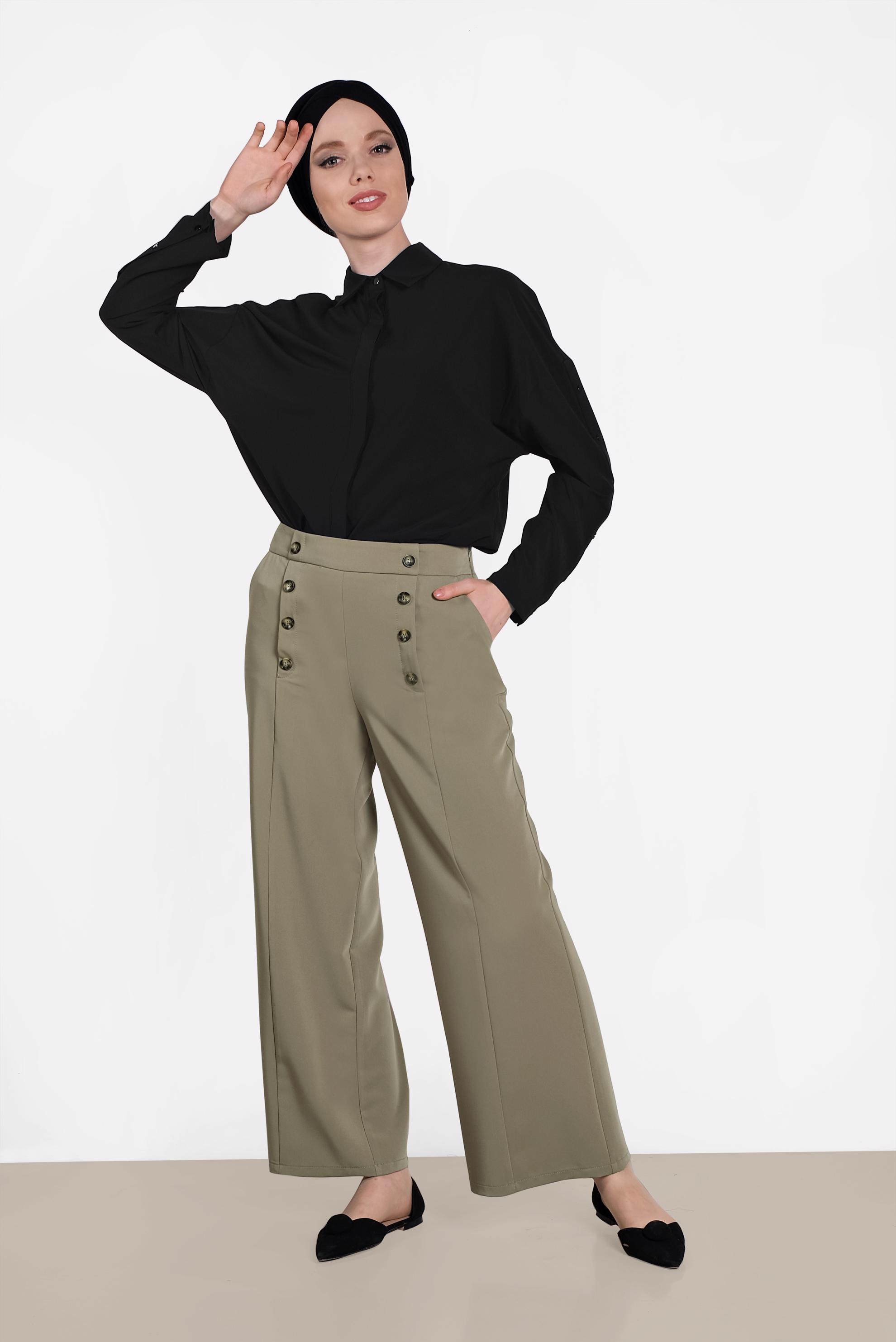 Tesettür giyim HAKİ DÜĞME DETAYLI YÜKSEK BEL PANTOLON 7578