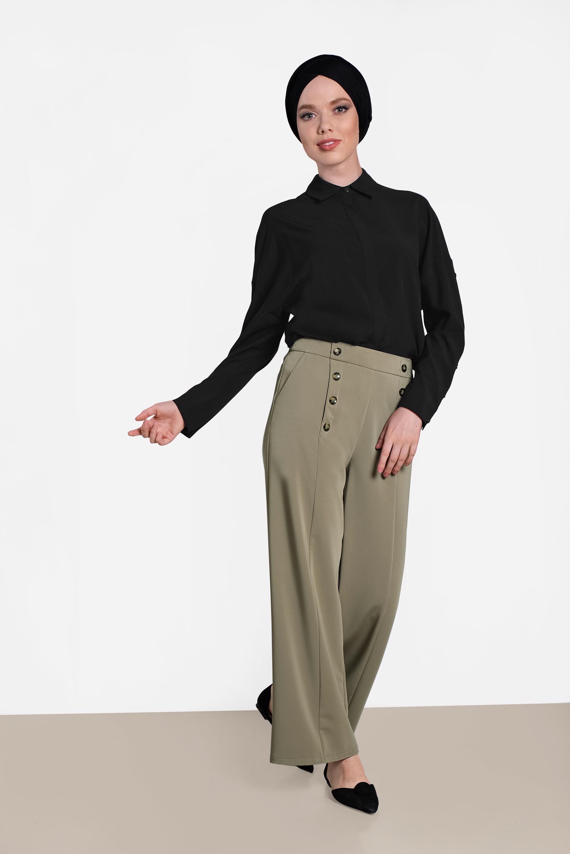 Tesettür giyim HAKİ DÜĞME DETAYLI YÜKSEK BEL PANTOLON 7578