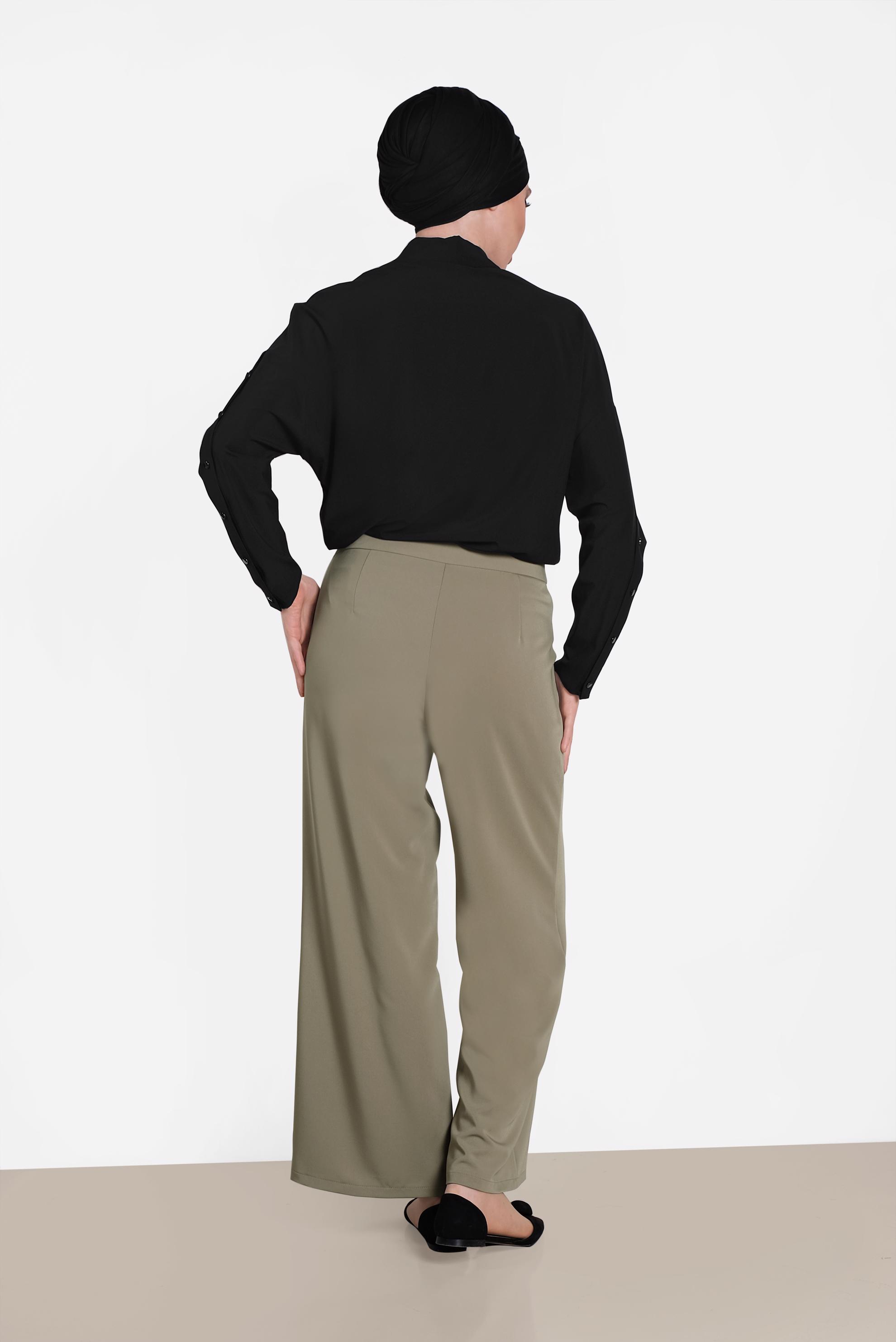 Tesettür giyim HAKİ DÜĞME DETAYLI YÜKSEK BEL PANTOLON 7578