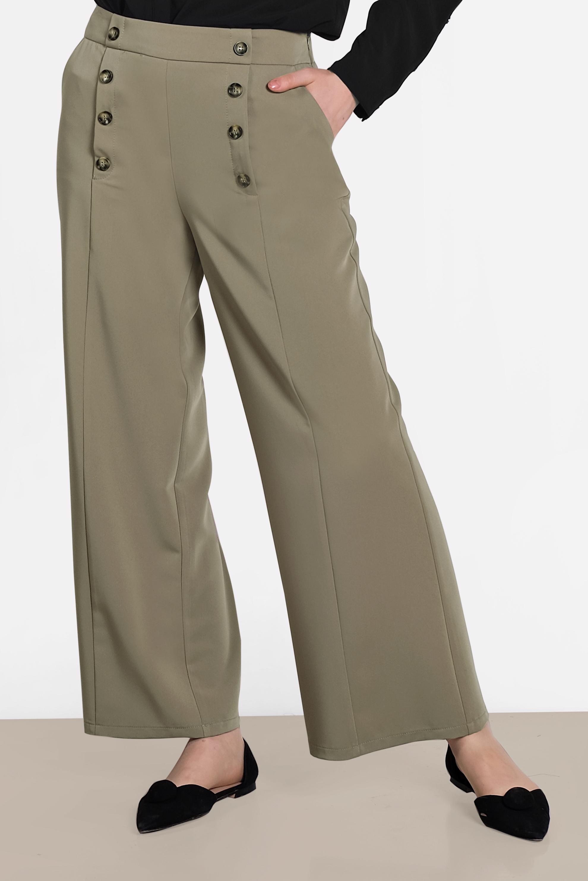 Tesettür giyim HAKİ DÜĞME DETAYLI YÜKSEK BEL PANTOLON 7578