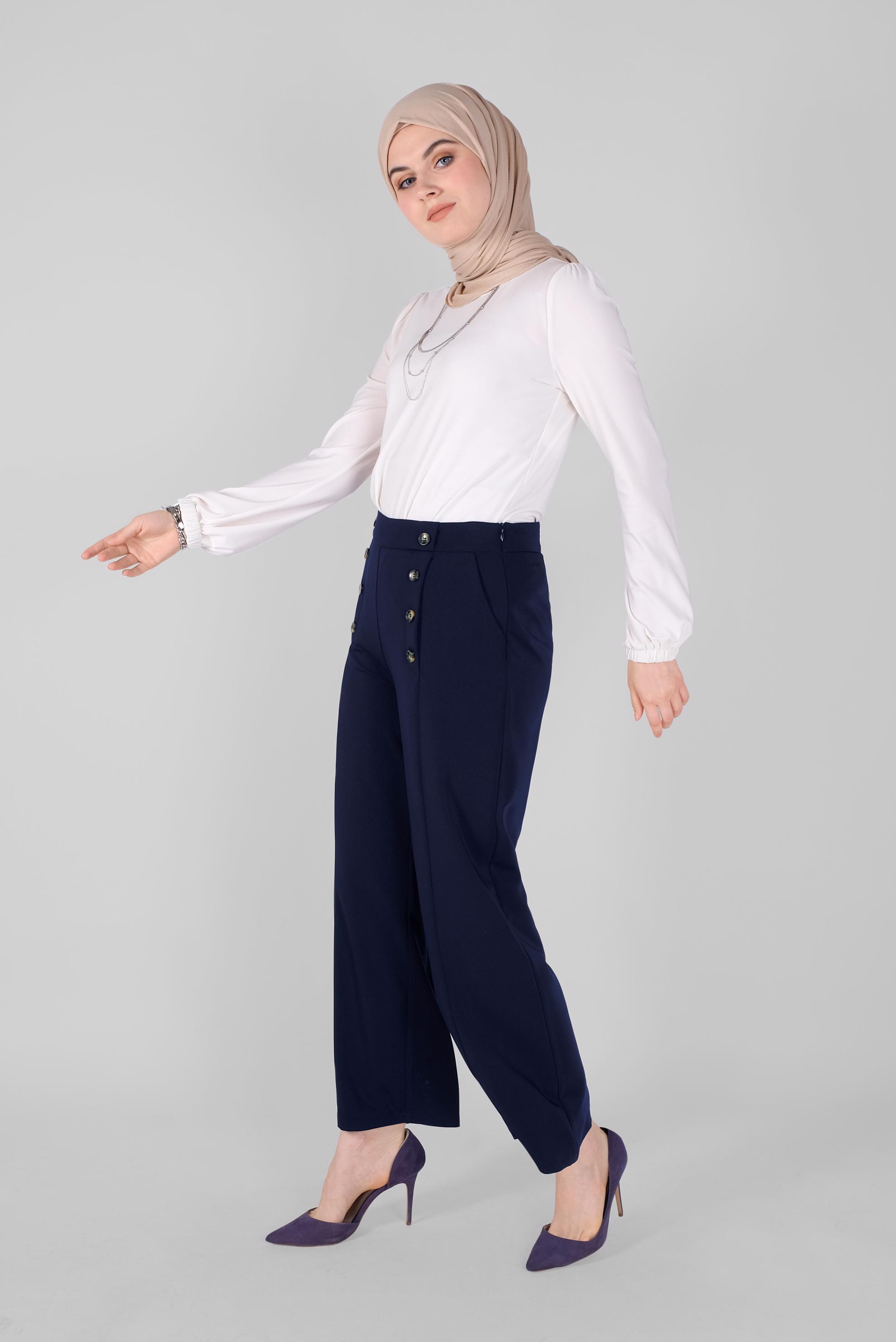 Tesettür giyim LACİVERT DÜĞME DETAYLI YÜKSEK BEL PANTOLON 7578