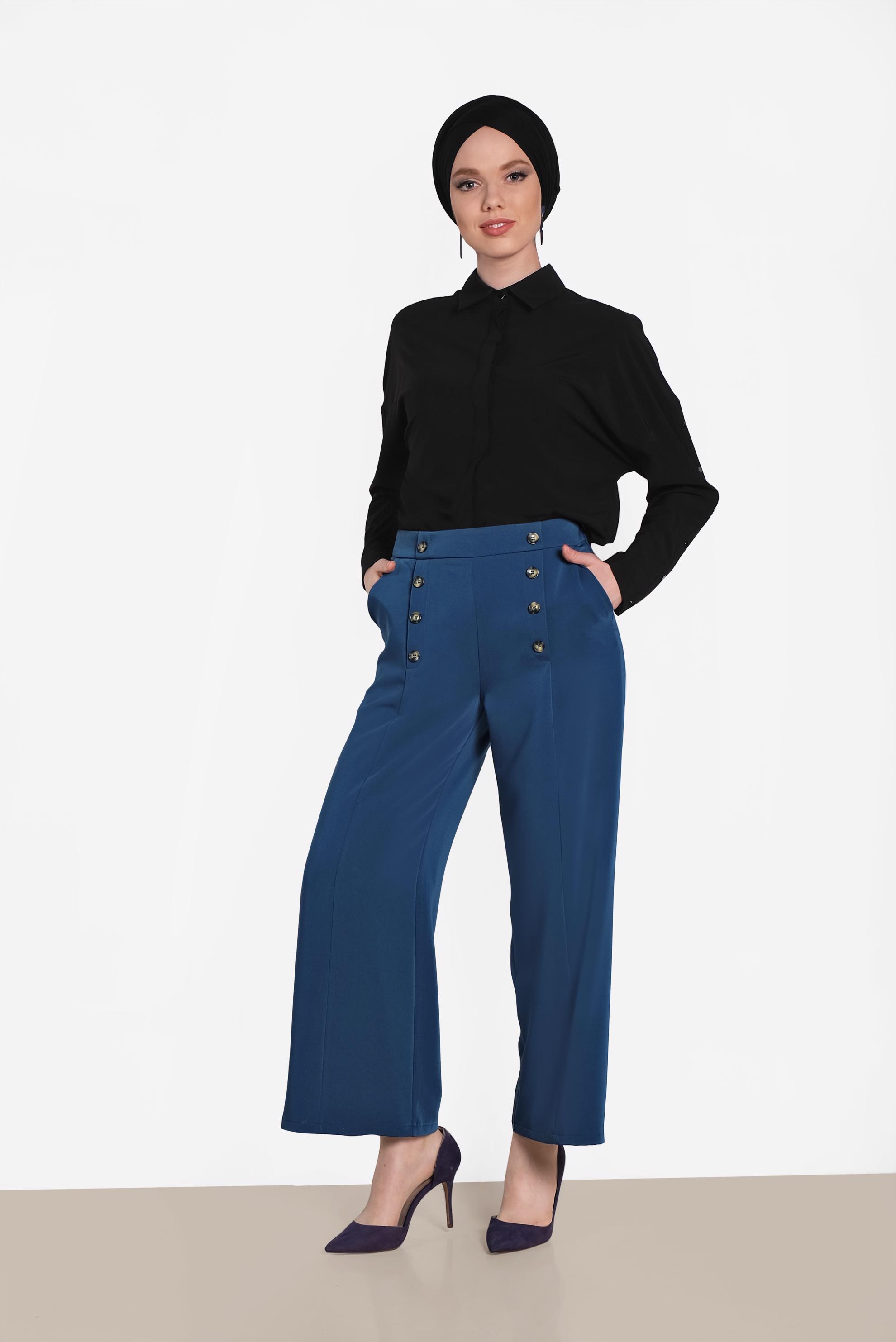 Tesettür giyim LACİVERT DÜĞME DETAYLI YÜKSEK BEL PANTOLON 7578