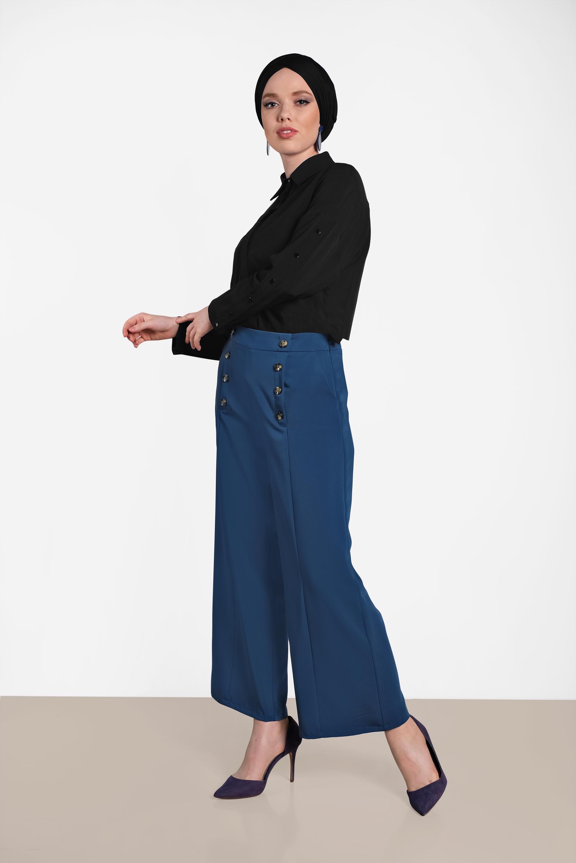 Tesettür giyim LACİVERT DÜĞME DETAYLI YÜKSEK BEL PANTOLON 7578