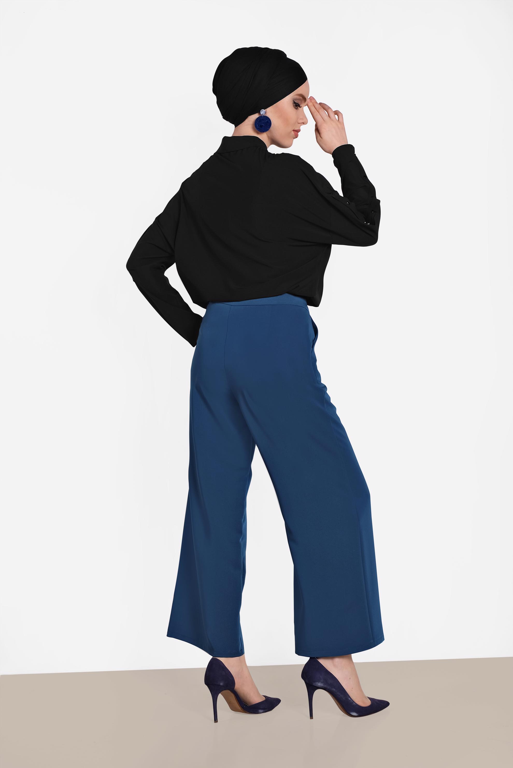Tesettür giyim LACİVERT DÜĞME DETAYLI YÜKSEK BEL PANTOLON 7578