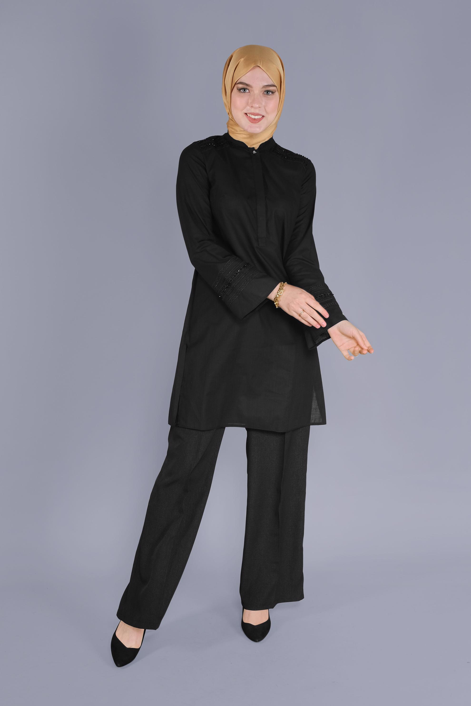 Tesettür giyim SİYAH ARA BEL GENİŞ KESİM PANTOLON 7579 