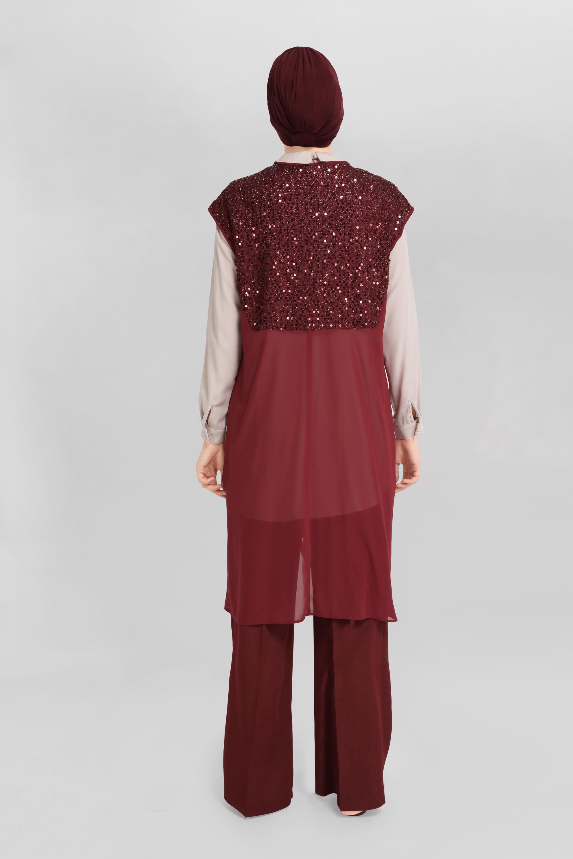 Tesettür giyim BORDO ARA BEL GENİŞ KESİM PANTOLON 7579 