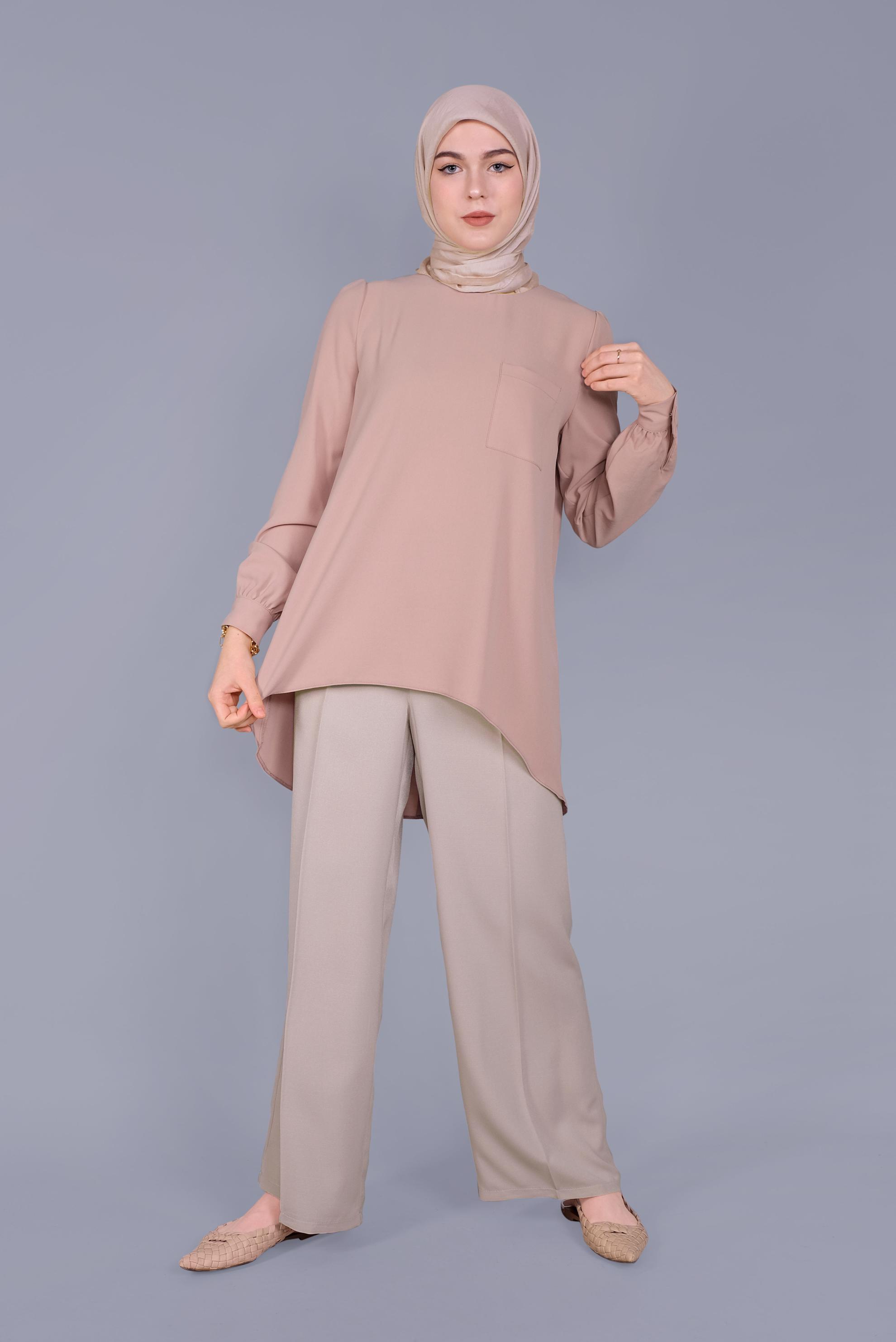 Tesettür giyim BEJ ARA BEL GENİŞ KESİM PANTOLON 7579 