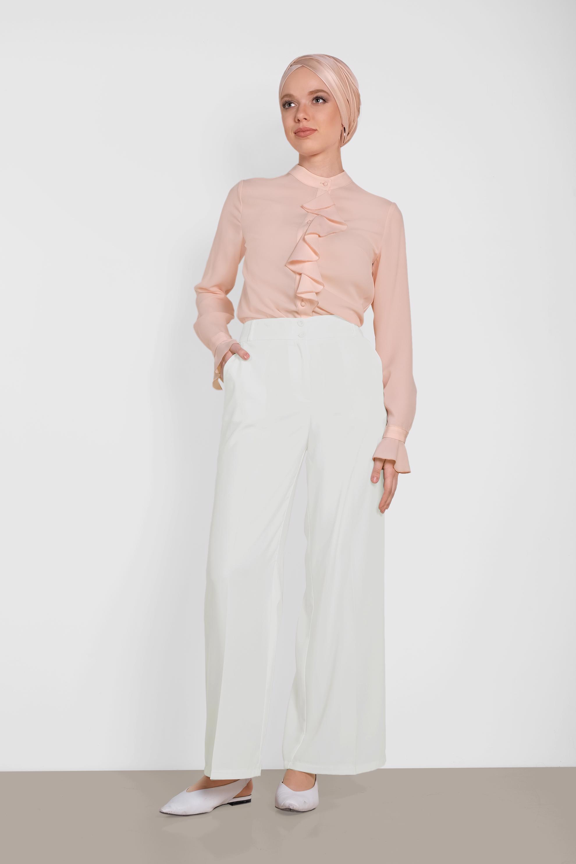 Tesettür giyim BEYAZ BOL PAÇA DÜĞMELİ PANTOLON 7580	