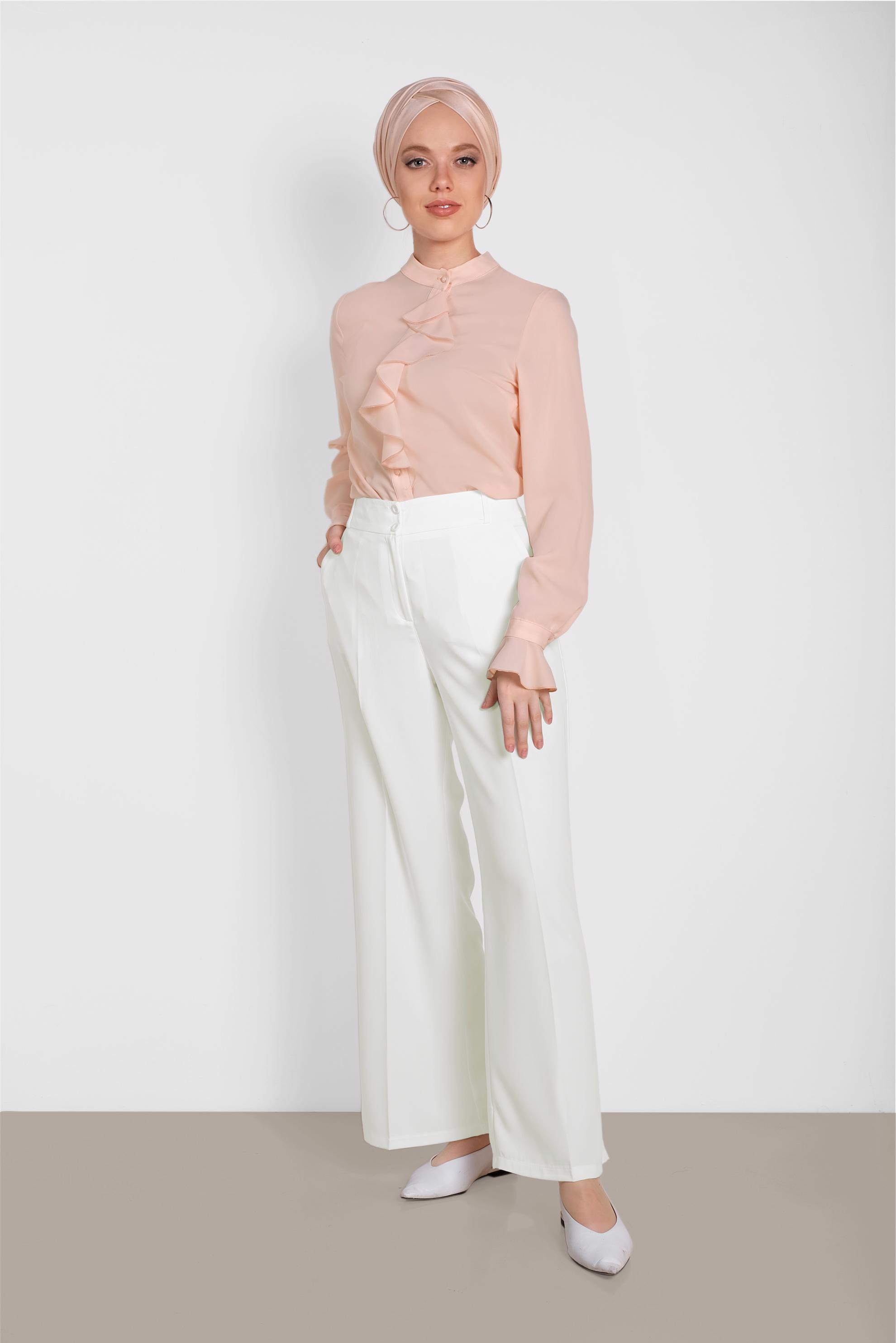 Tesettür giyim BEYAZ BOL PAÇA DÜĞMELİ PANTOLON 7580	